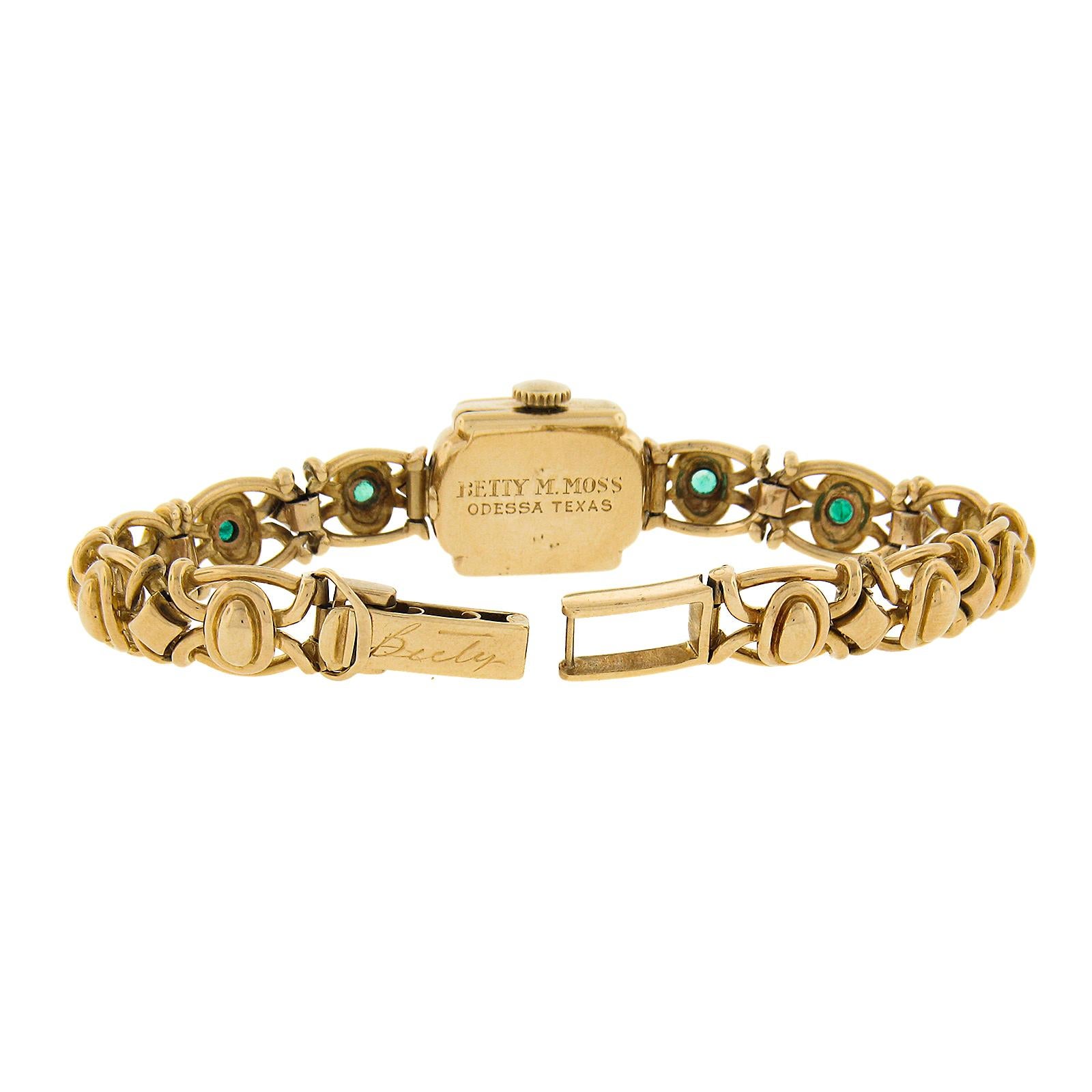 Vintage Gubelin 14mm Watch 18k Yellow Gold Diamond & Emerald Link Bracelet For Sale 6