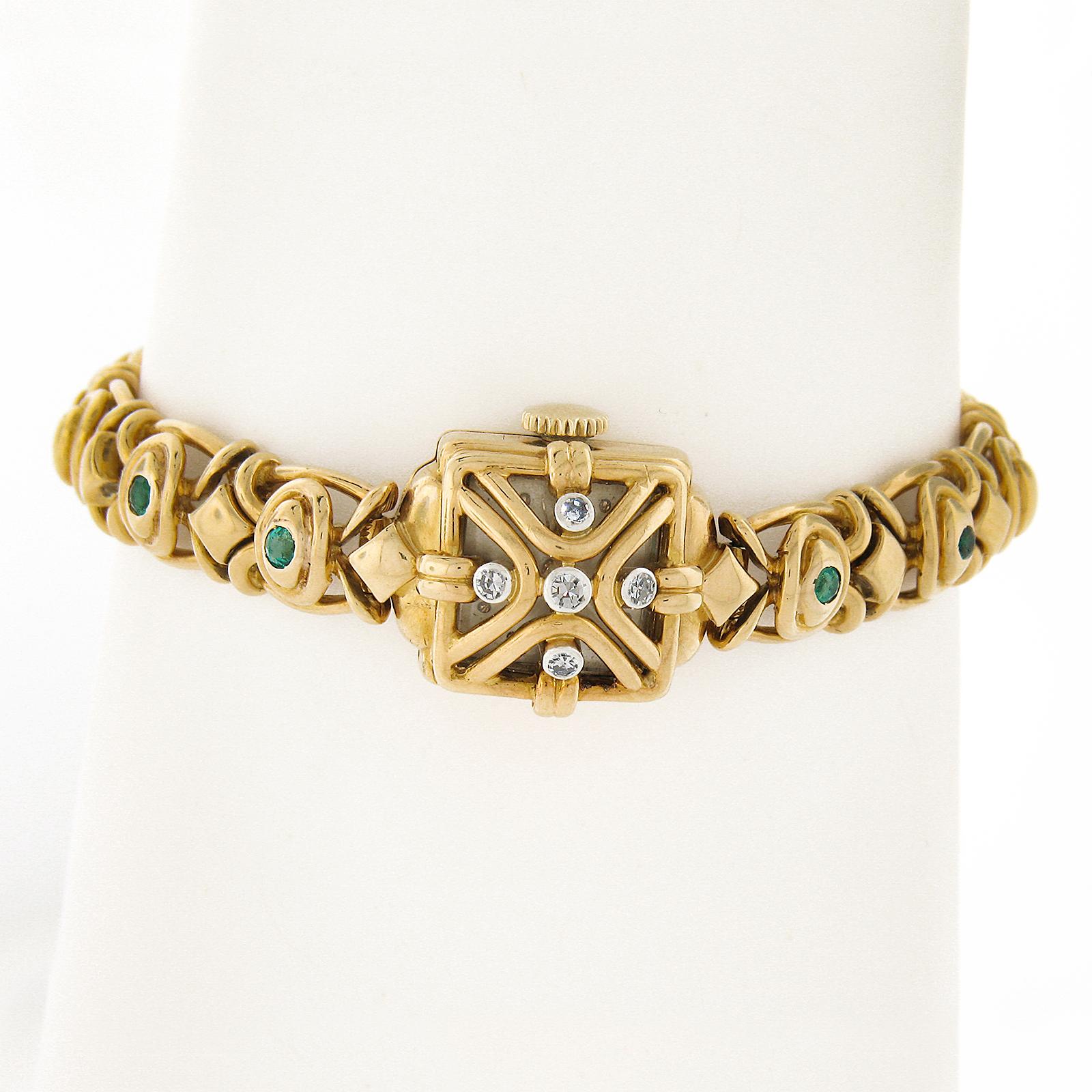 Round Cut Vintage Gubelin 14mm Watch 18k Yellow Gold Diamond & Emerald Link Bracelet For Sale