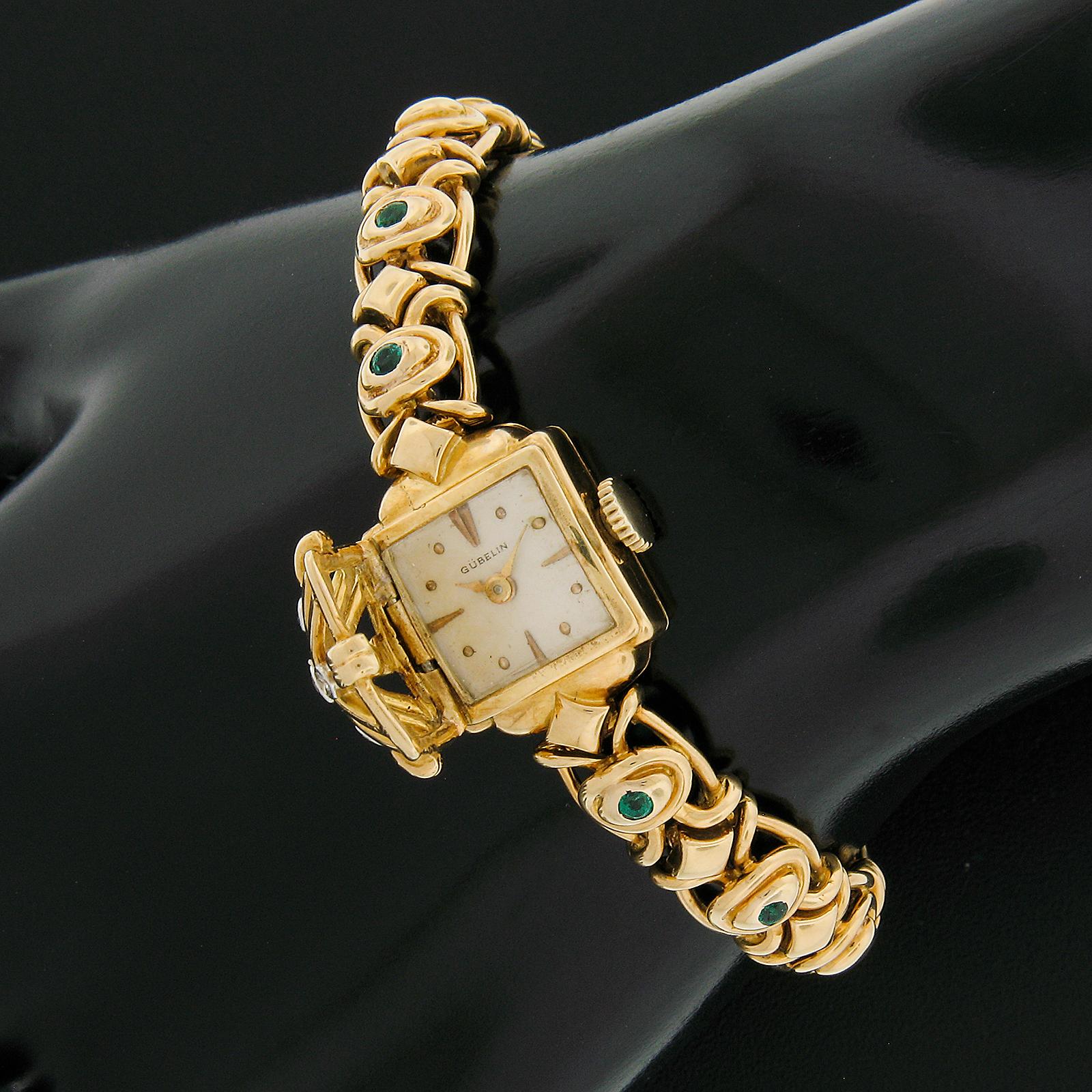 Women's Vintage Gubelin 14mm Watch 18k Yellow Gold Diamond & Emerald Link Bracelet For Sale