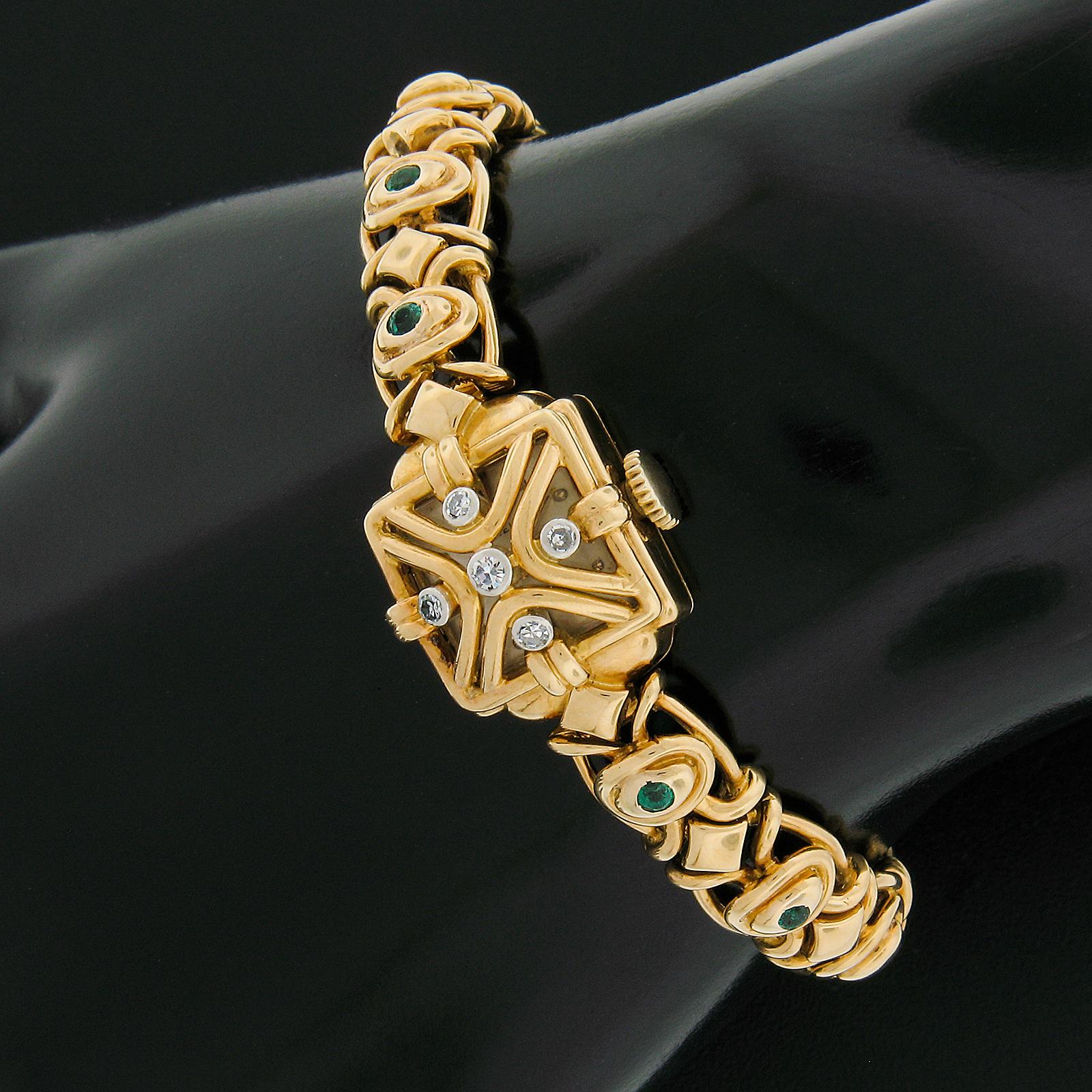 Vintage Gubelin 14mm Watch 18k Yellow Gold Diamond & Emerald Link Bracelet For Sale 1