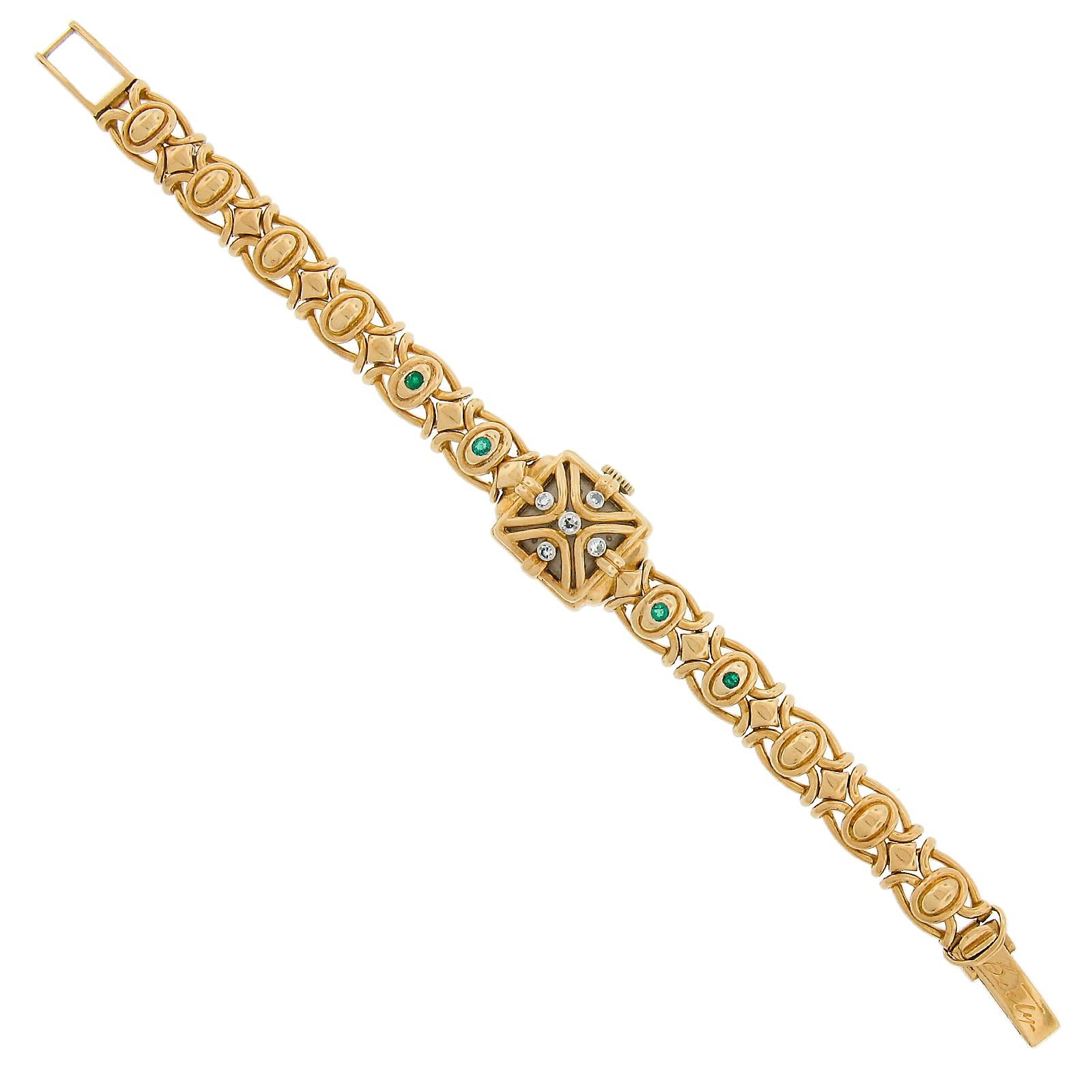 Vintage Gubelin 14mm Watch 18k Yellow Gold Diamond & Emerald Link Bracelet For Sale 2