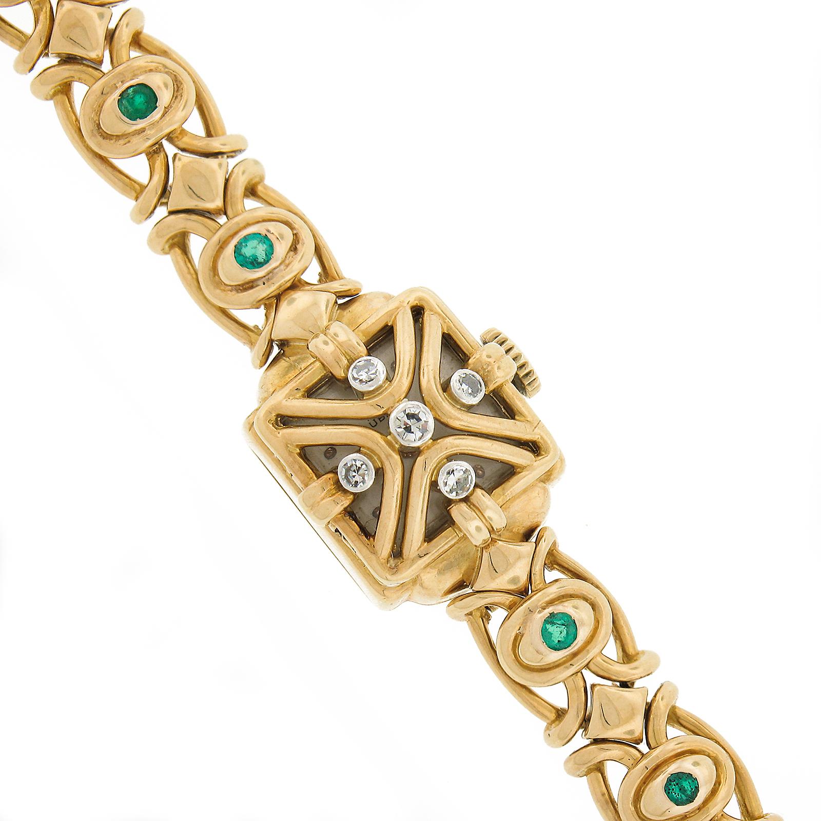 Vintage Gubelin 14mm Watch 18k Yellow Gold Diamond & Emerald Link Bracelet For Sale 3