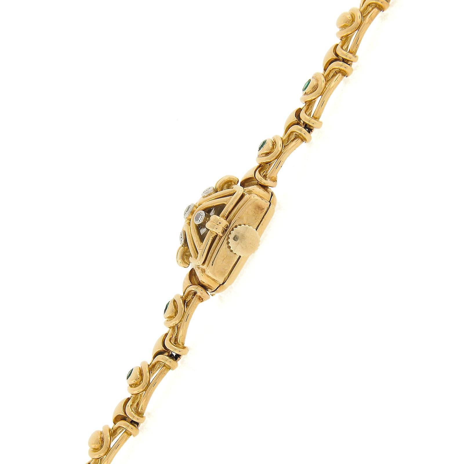 Vintage Gubelin 14mm Watch 18k Yellow Gold Diamond & Emerald Link Bracelet For Sale 4