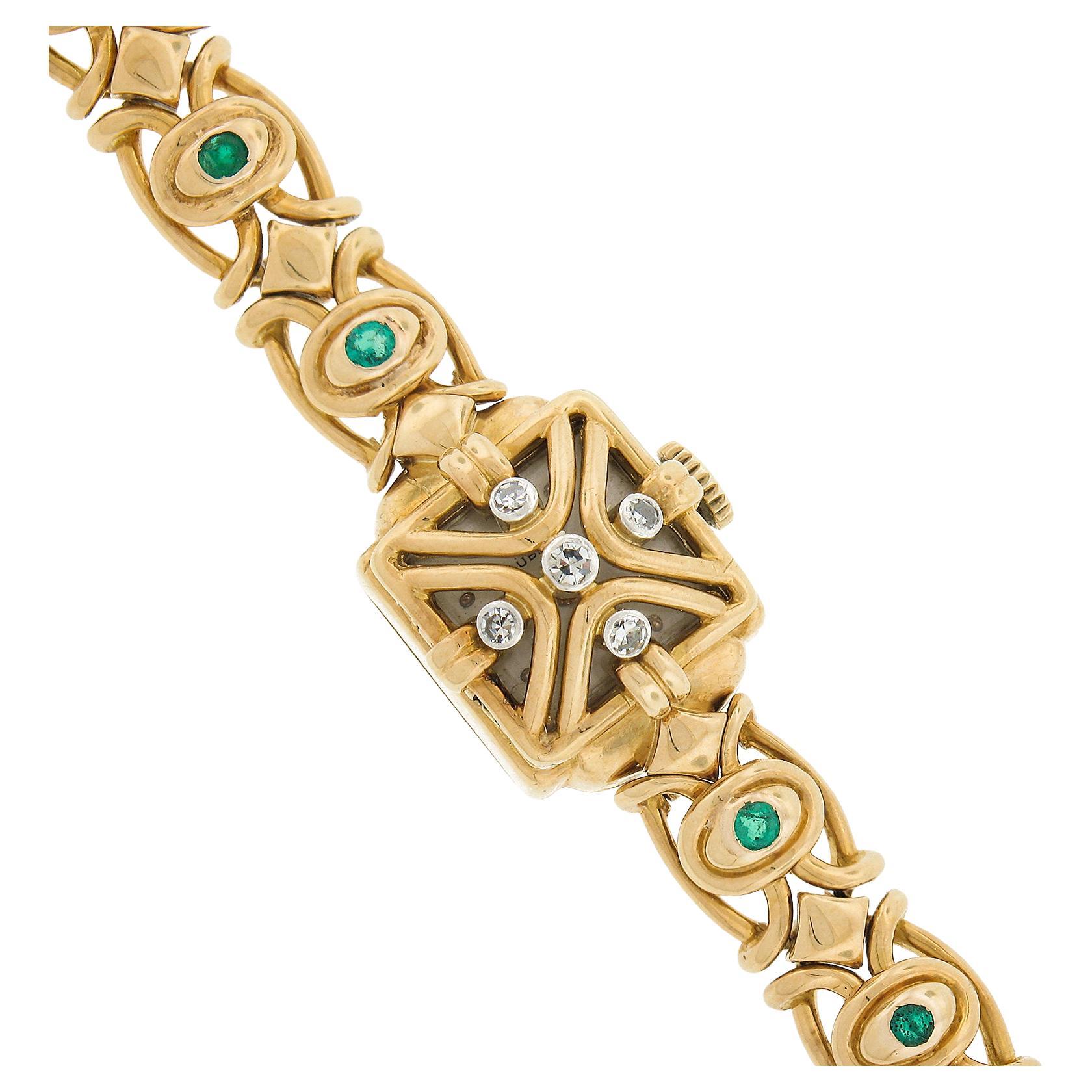 Vintage Gubelin 14mm Watch 18k Yellow Gold Diamond & Emerald Link Bracelet