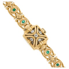 Vintage Gubelin 14mm Watch 18k Yellow Gold Diamond & Emerald Link Bracelet