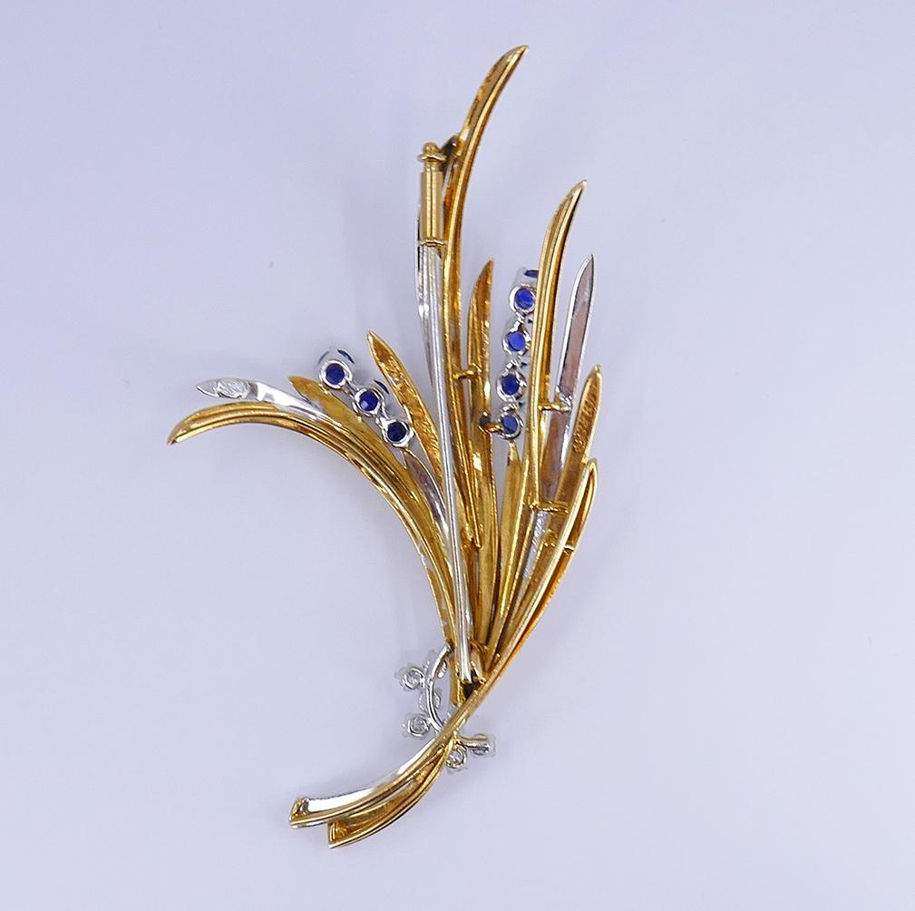 Round Cut Vintage Gubelin Brooch 18k Gold Sapphire Diamond Clip Pin Estate Jewelry
