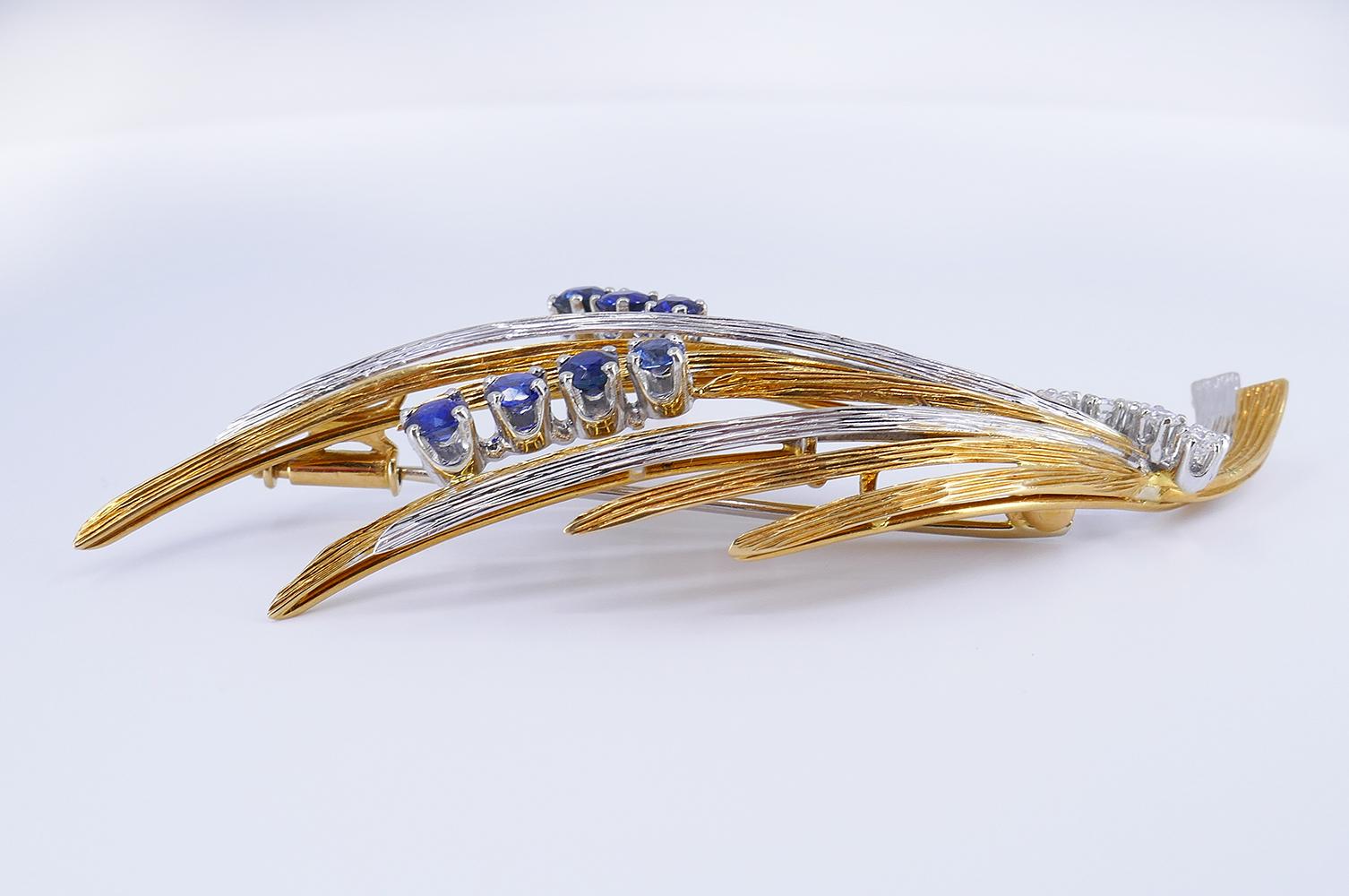 Women's or Men's Vintage Gubelin Brooch 18k Gold Sapphire Diamond Clip Pin Estate Jewelry