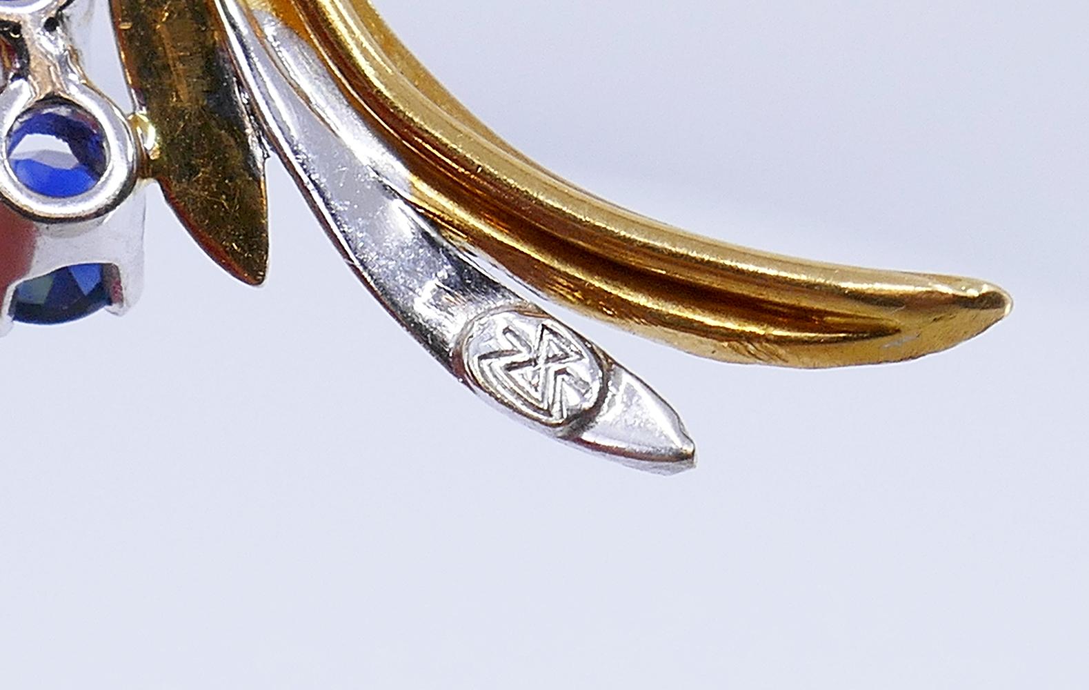 Vintage Gubelin Brooch 18k Gold Sapphire Diamond Clip Pin Estate Jewelry 3