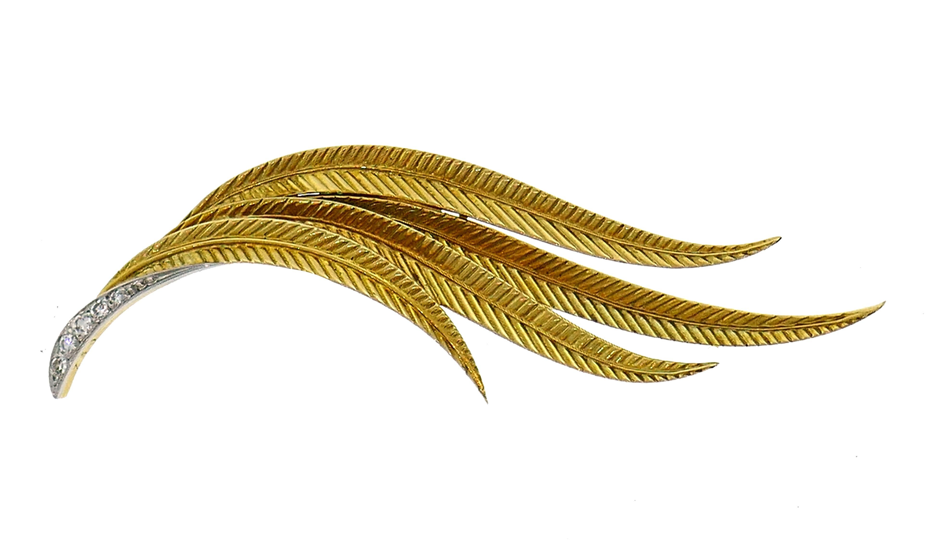 Single Cut Vintage Gubelin Diamond Gold Feather Pin Brooch Clip