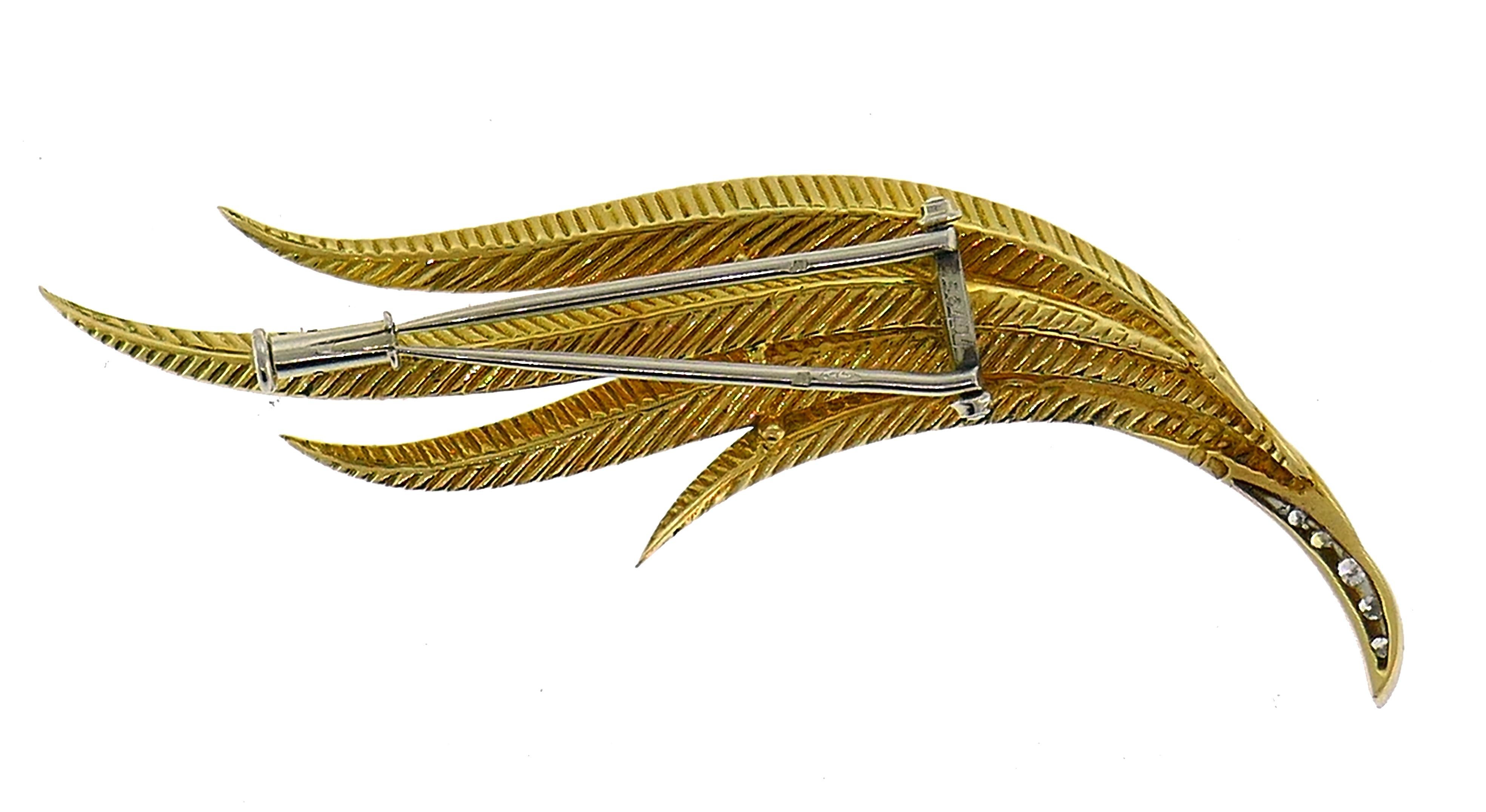 Vintage Gubelin Diamond Gold Feather Pin Brooch Clip 1