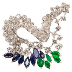 Vintage Gubelin Platinum Diamond Emerald Sapphire Brooch
