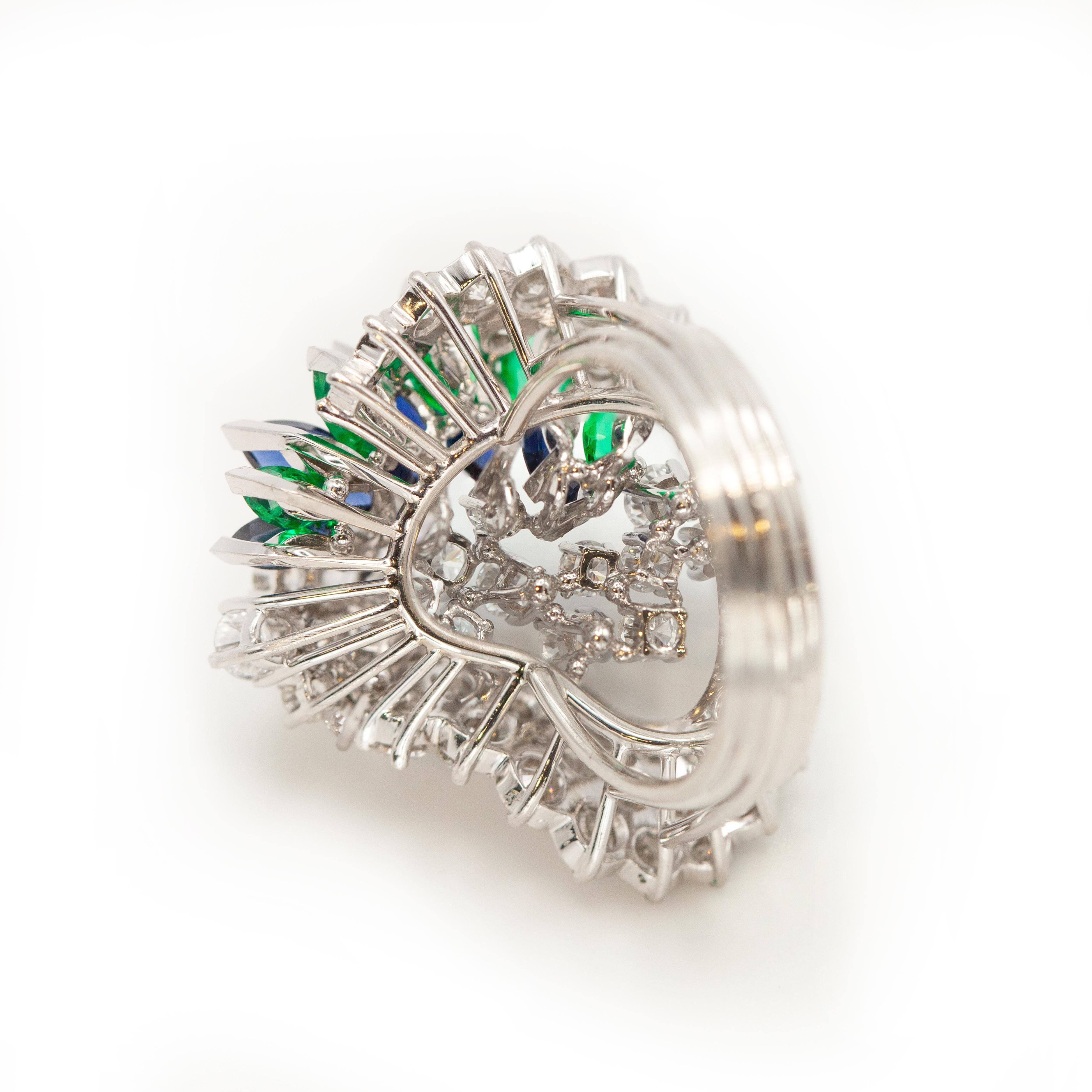 Vintage Gubelin Platinum Diamond Emerald Sapphire Ring For Sale 4