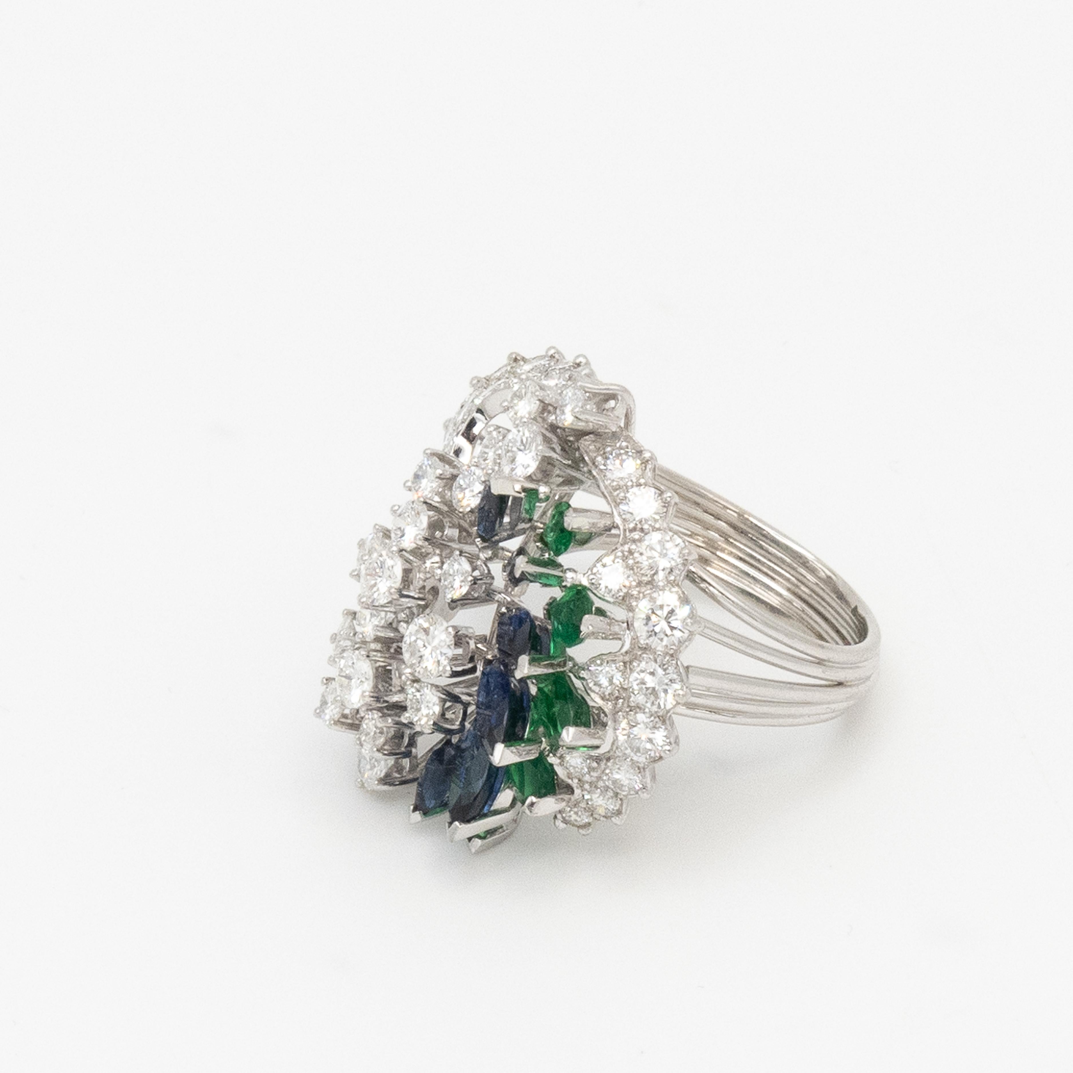 Modern Vintage Gubelin Platinum Diamond Emerald Sapphire Ring For Sale