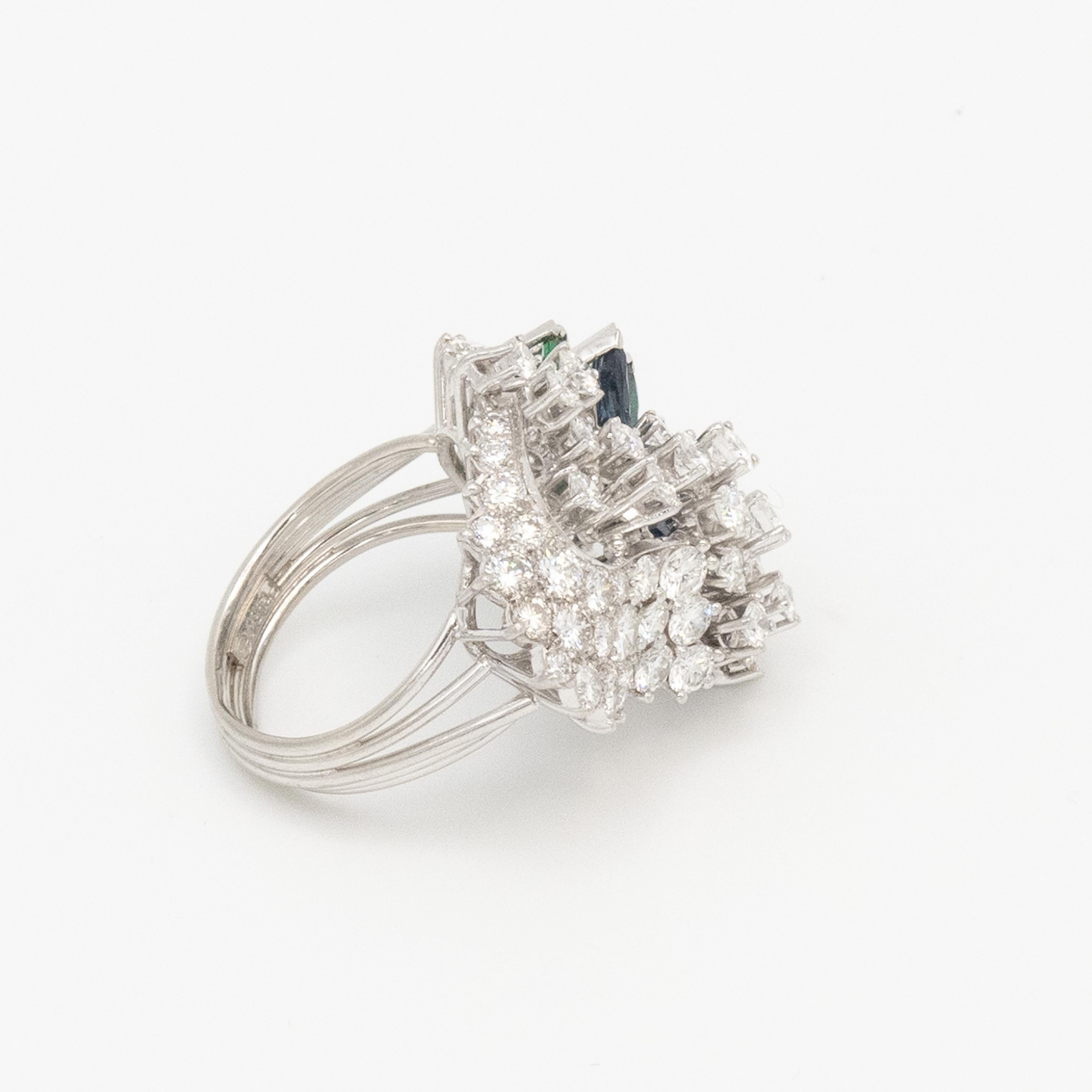 Brilliant Cut Vintage Gubelin Platinum Diamond Emerald Sapphire Ring For Sale