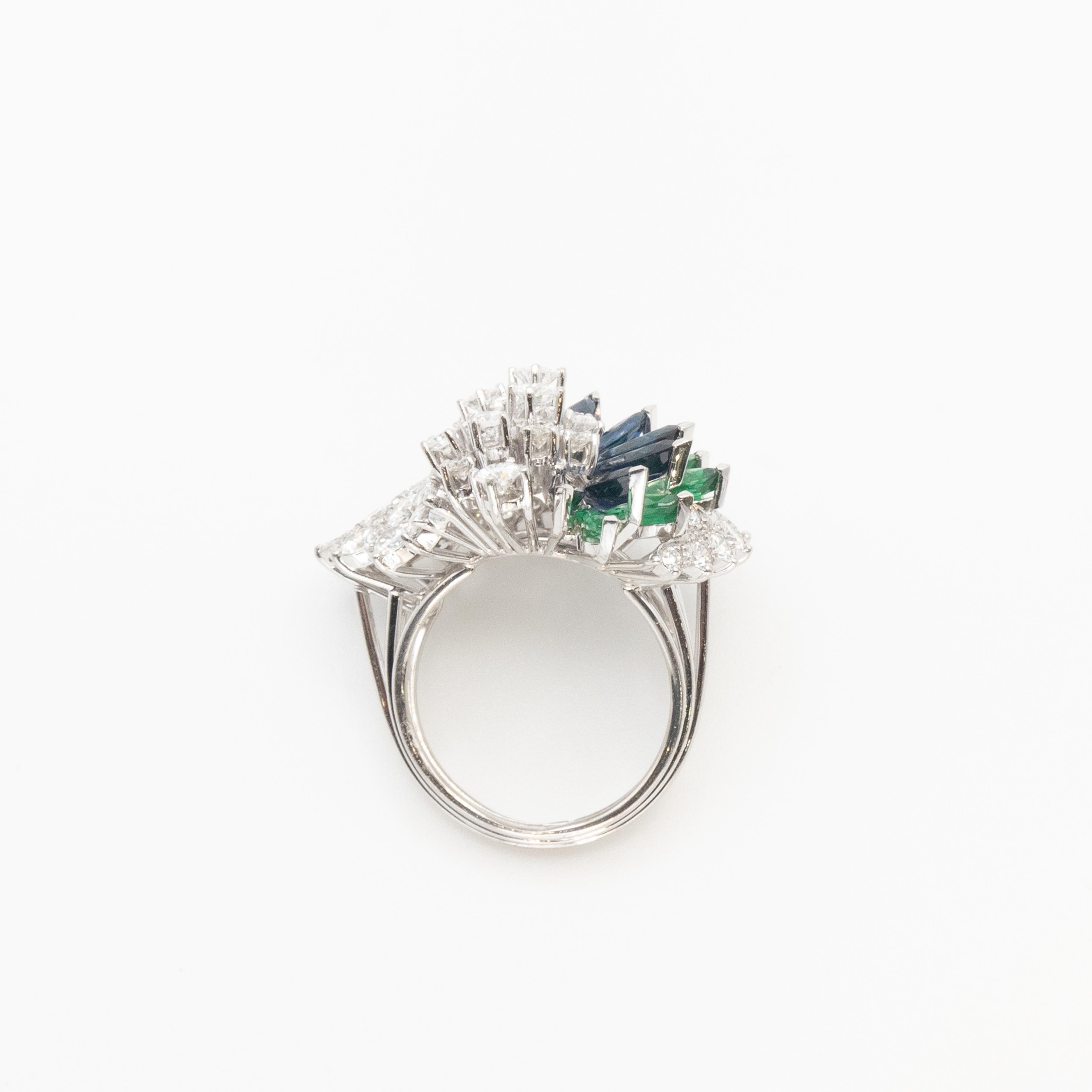 Women's Vintage Gubelin Platinum Diamond Emerald Sapphire Ring For Sale