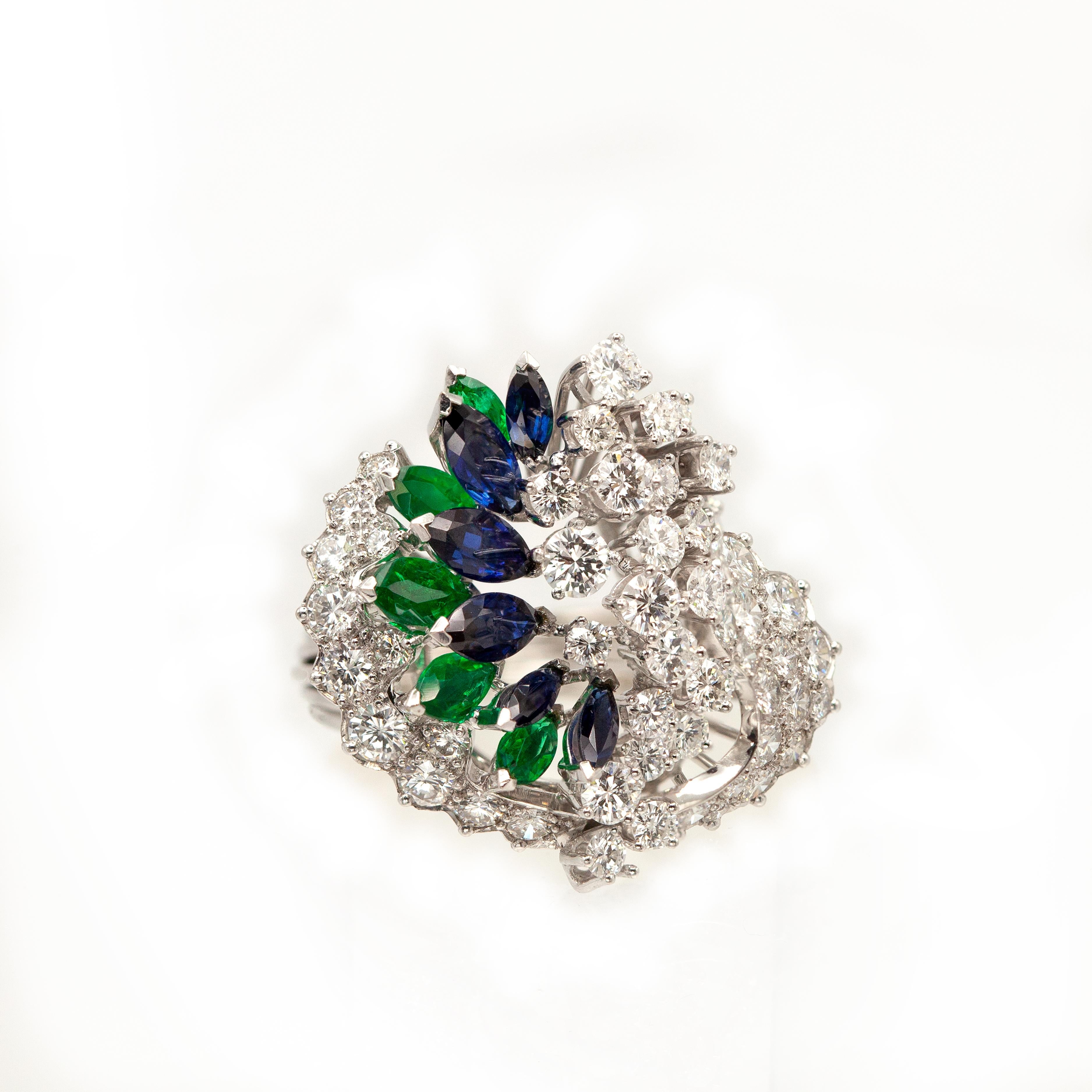 Vintage Gubelin Platinum Diamond Emerald Sapphire Ring For Sale 1