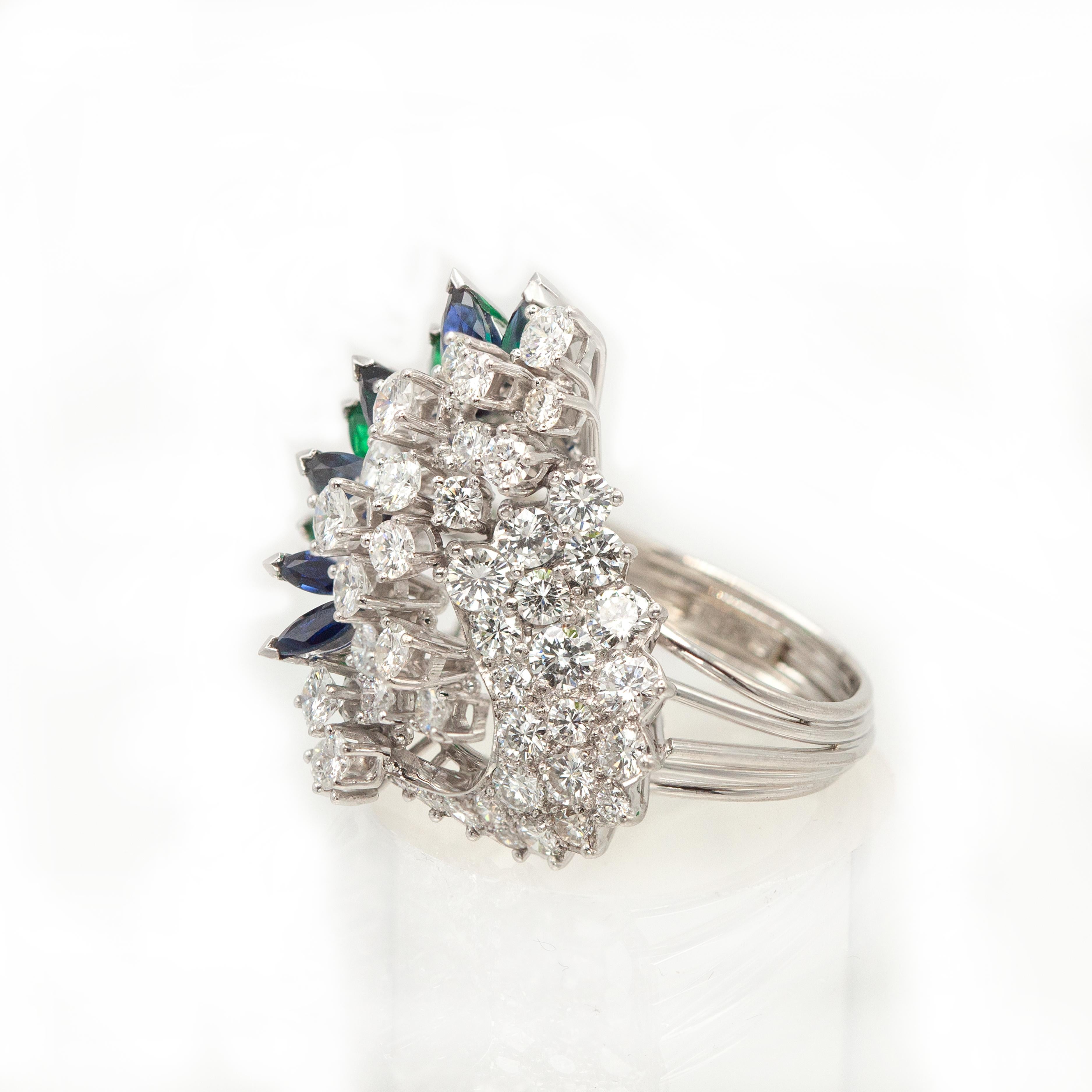 Vintage Gubelin Platinum Diamond Emerald Sapphire Ring For Sale 3