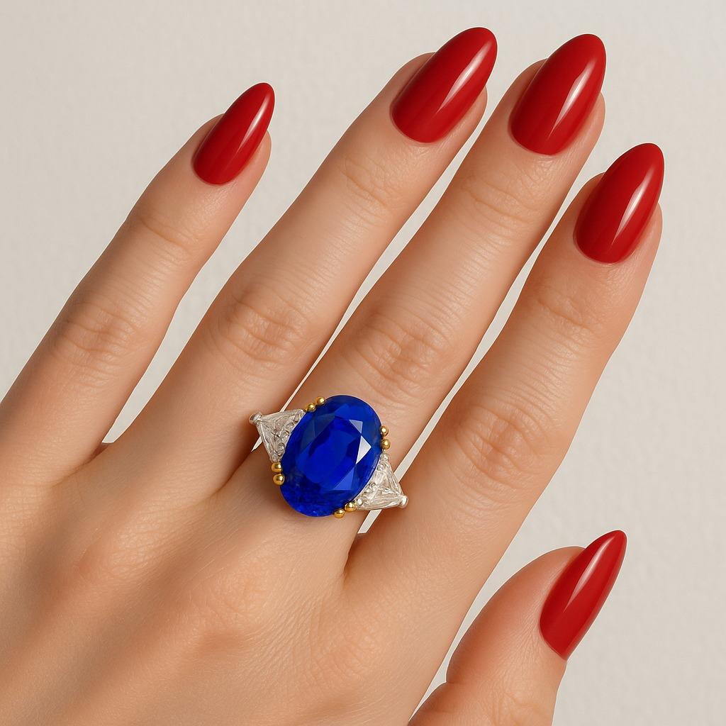 Vintage Gübelin Royal Blue Sapphire and Diamond Platinum & Gold Ring

An exceptional vintage jewel by Gübelin, Switzerland, circa 1990, showcasing a large untreated Royal Blue sapphire accented by fine white diamonds, mounted in platinum and 18