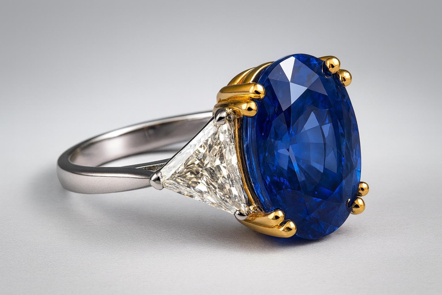 Oval Cut Vintage Gübelin Royal Blue Sapphire and Diamond Platinum & Gold Ring For Sale
