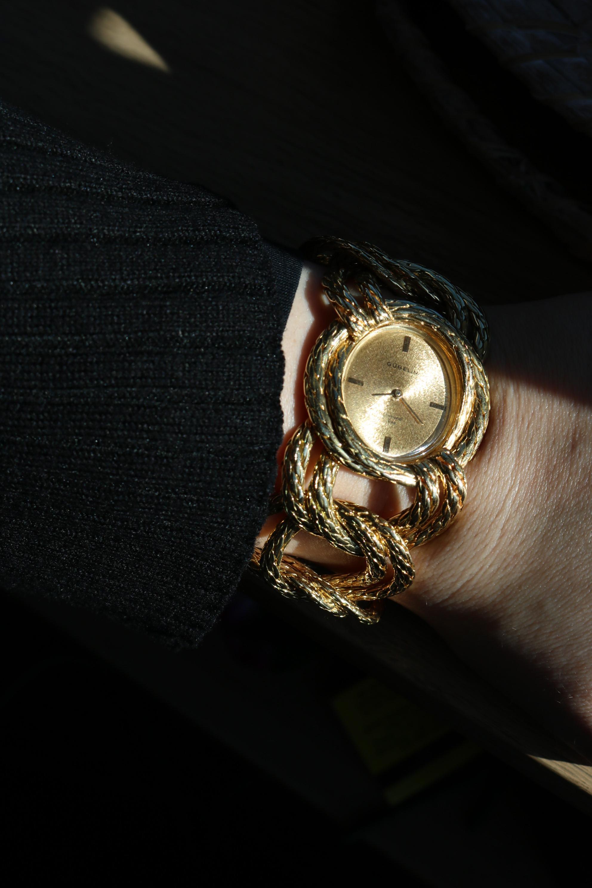 Women's Vintage Gubelin Twisted Rope Link Watch Bracelet in 18K Yellow Gold
