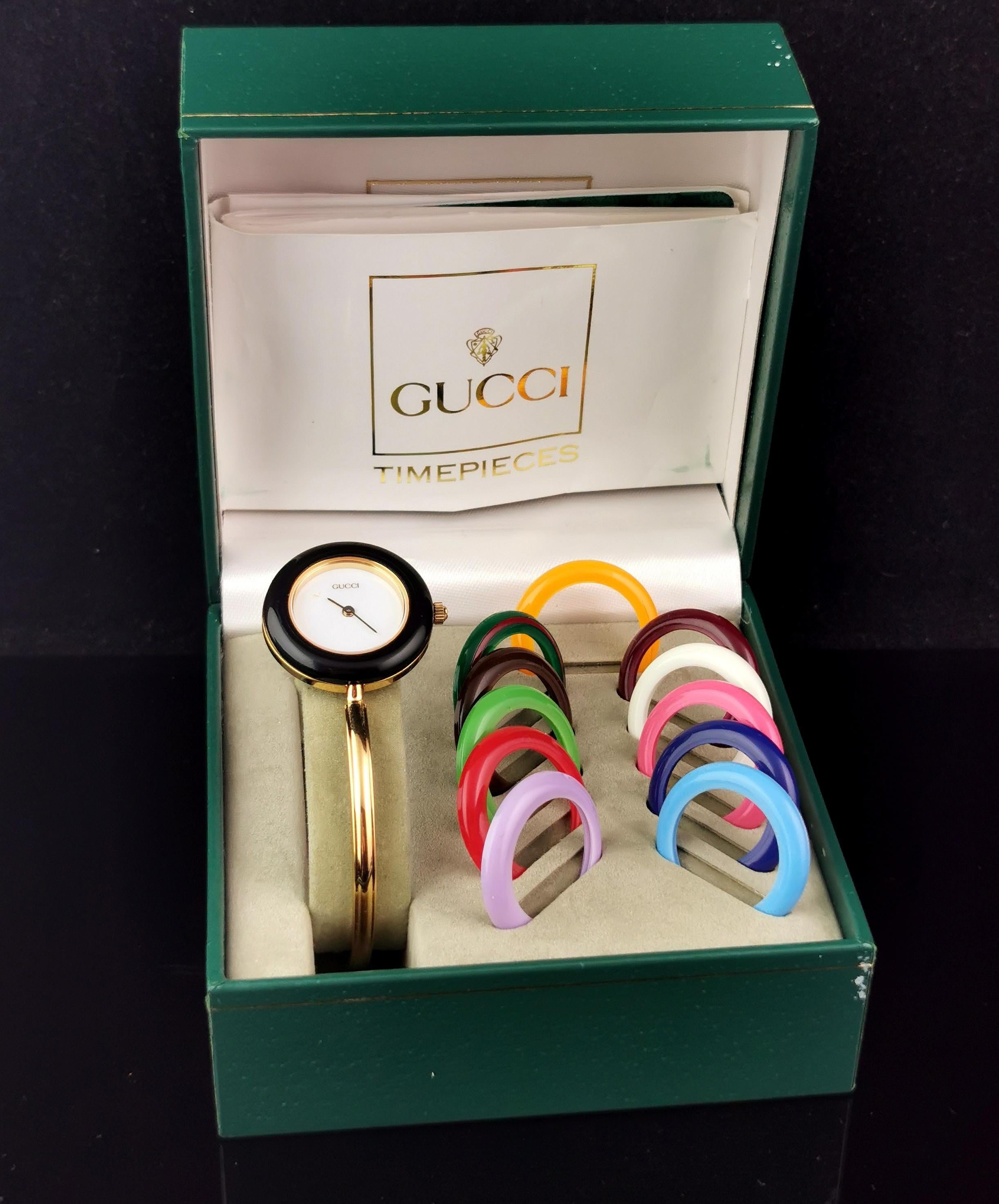Vintage Gucci 11/12.2 gold plated ladies wristwatch, bangle strap  2