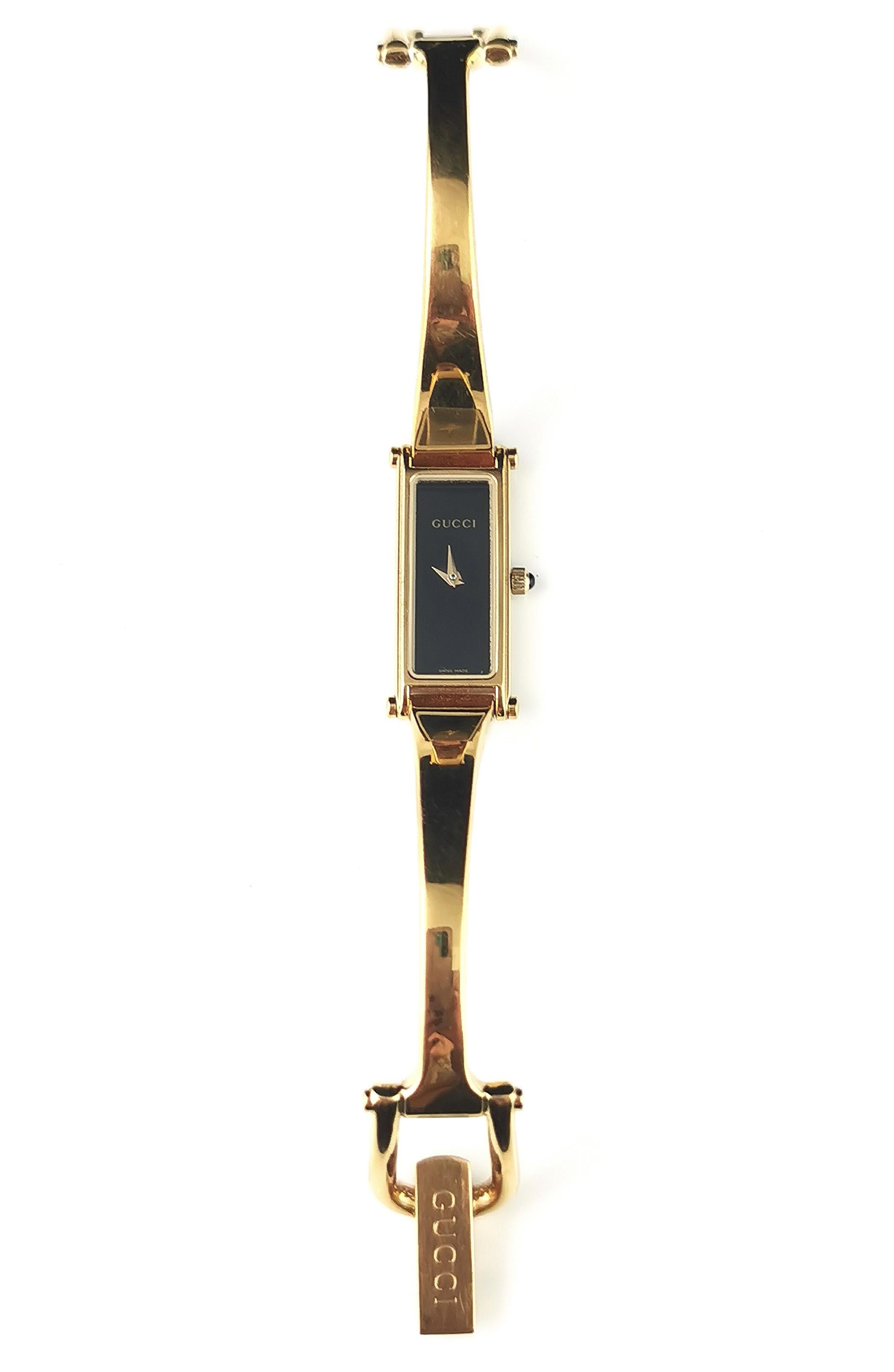 Vintage Gucci 1500l gold plated ladies wristwatch, horsebit bangle strap, boxed 5
