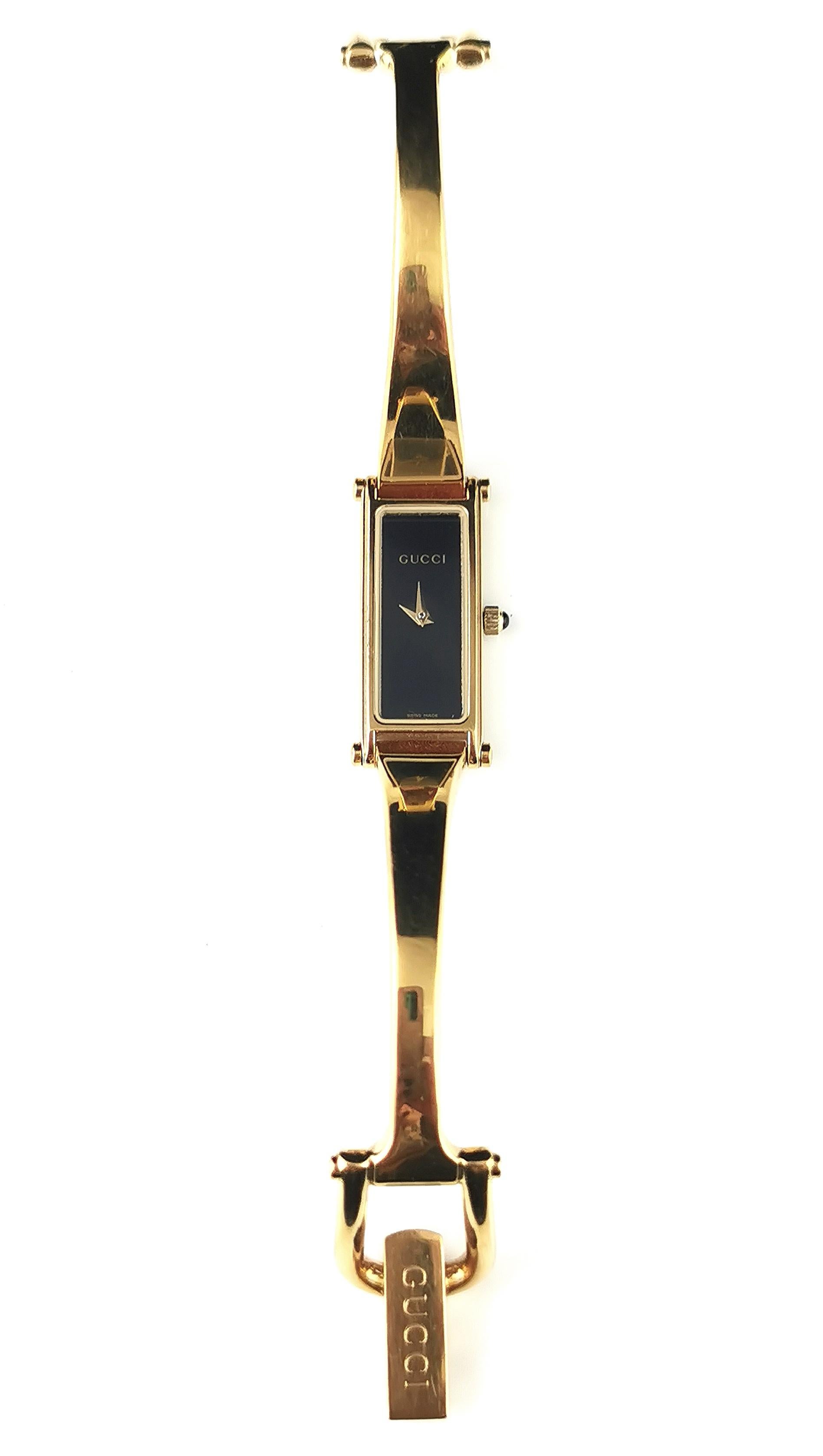 Vintage Gucci 1500l gold plated ladies wristwatch, horsebit bangle strap, boxed 6