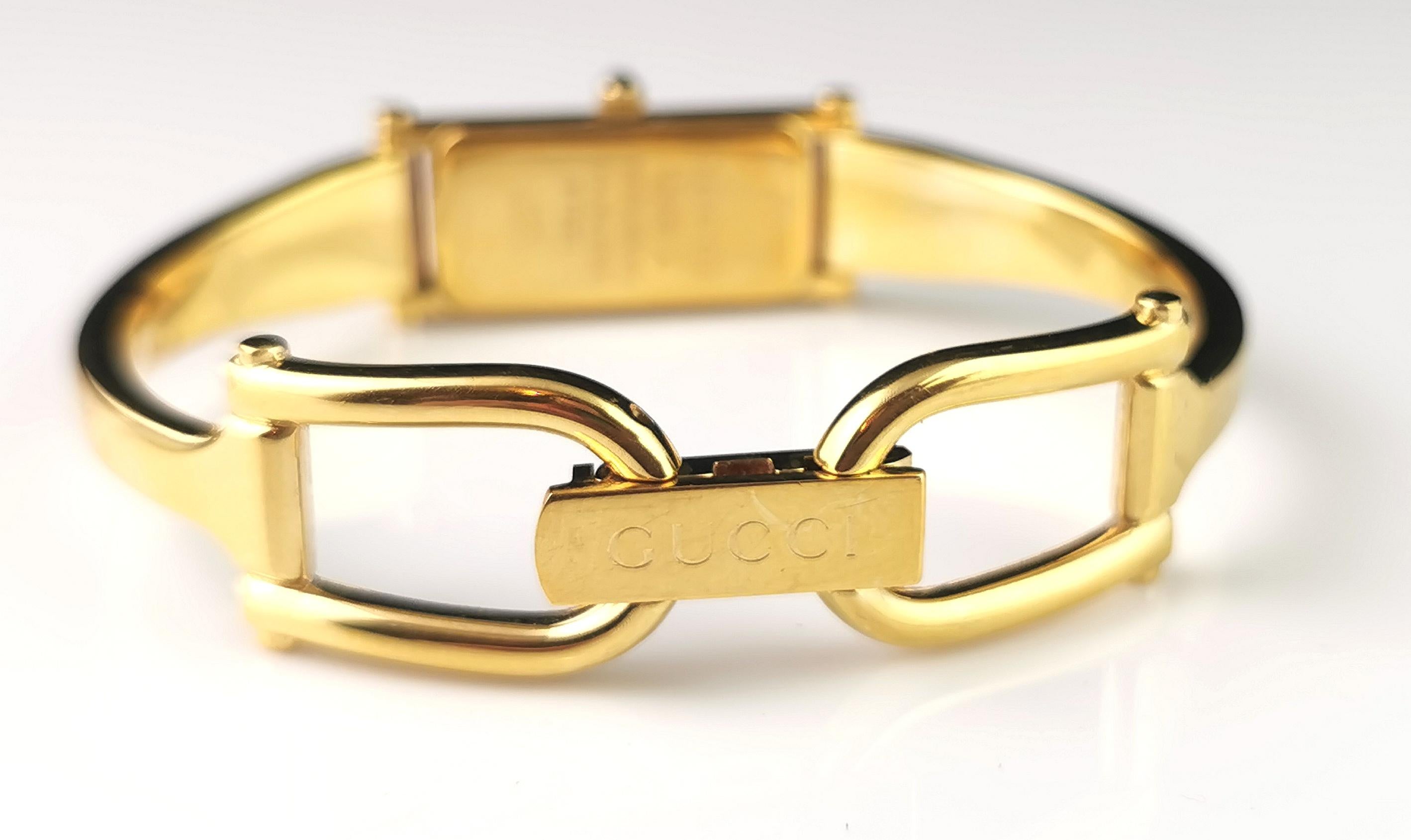 Vintage Gucci 1500l gold plated ladies wristwatch, horsebit bangle strap, boxed 7
