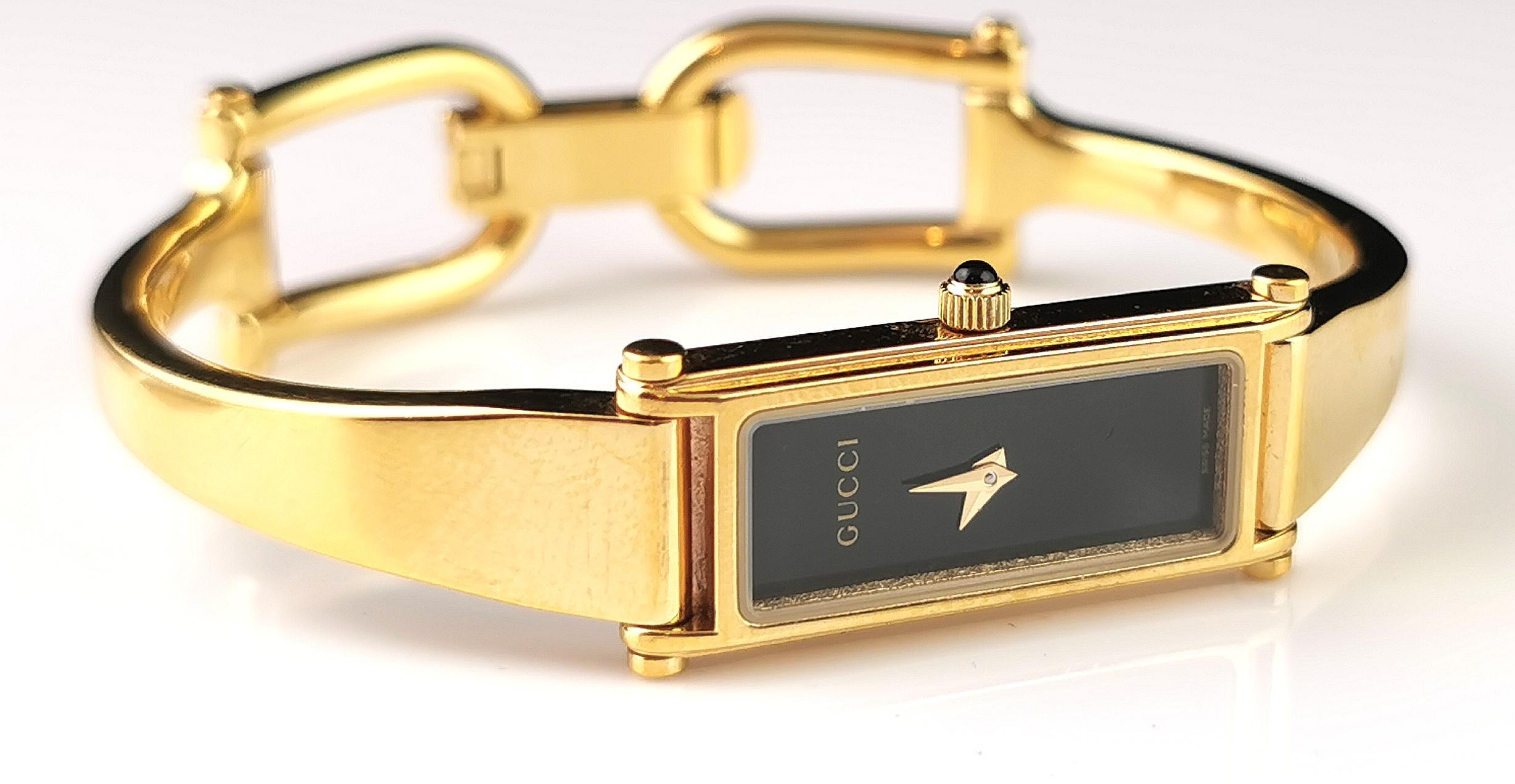 Vintage Gucci 1500l gold plated ladies wristwatch, horsebit bangle strap, boxed 9