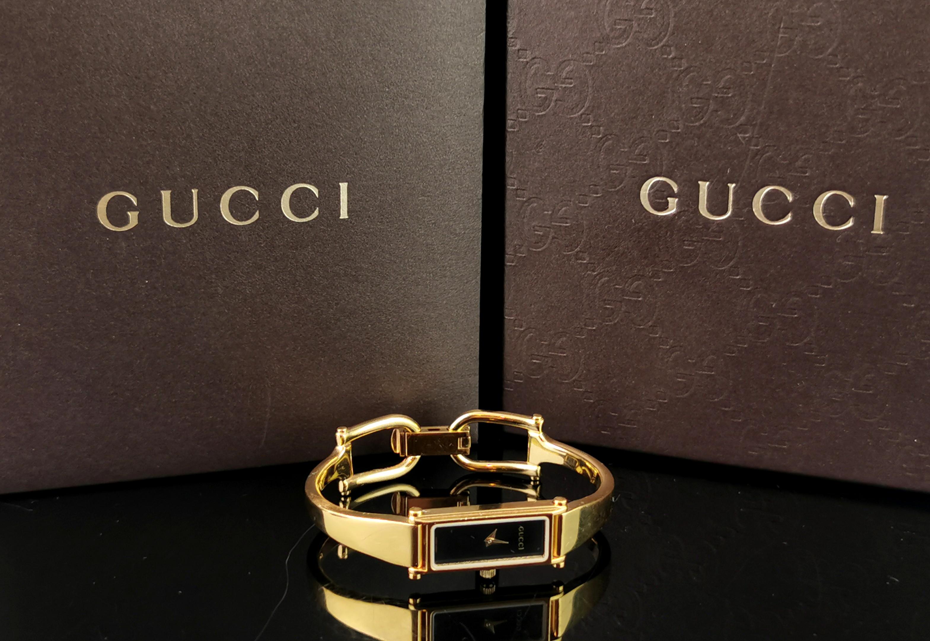 Modern Vintage Gucci 1500l gold plated ladies wristwatch, horsebit bangle strap, boxed