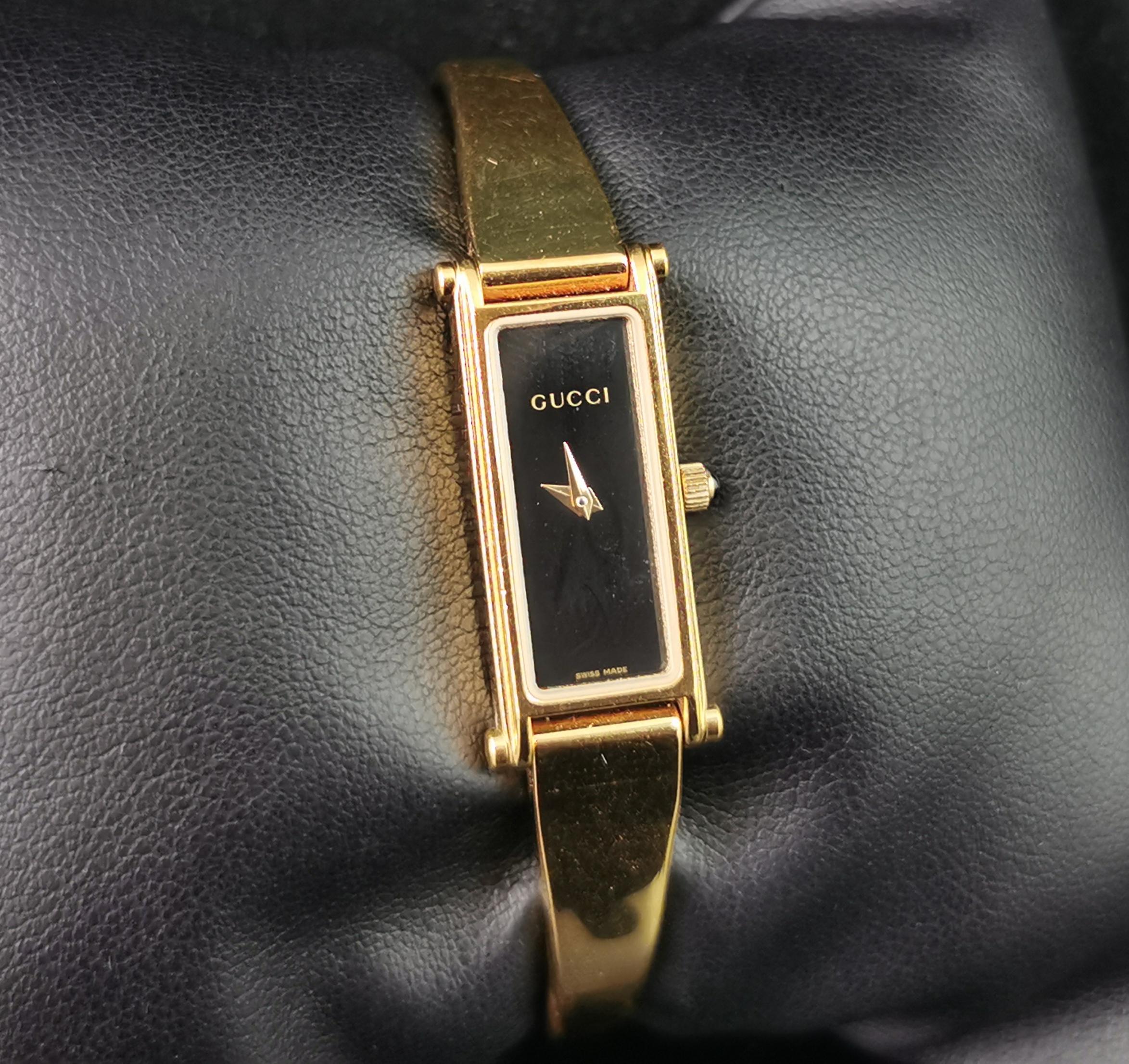 Vintage Gucci 1500l gold plated ladies wristwatch, horsebit bangle strap, boxed 2