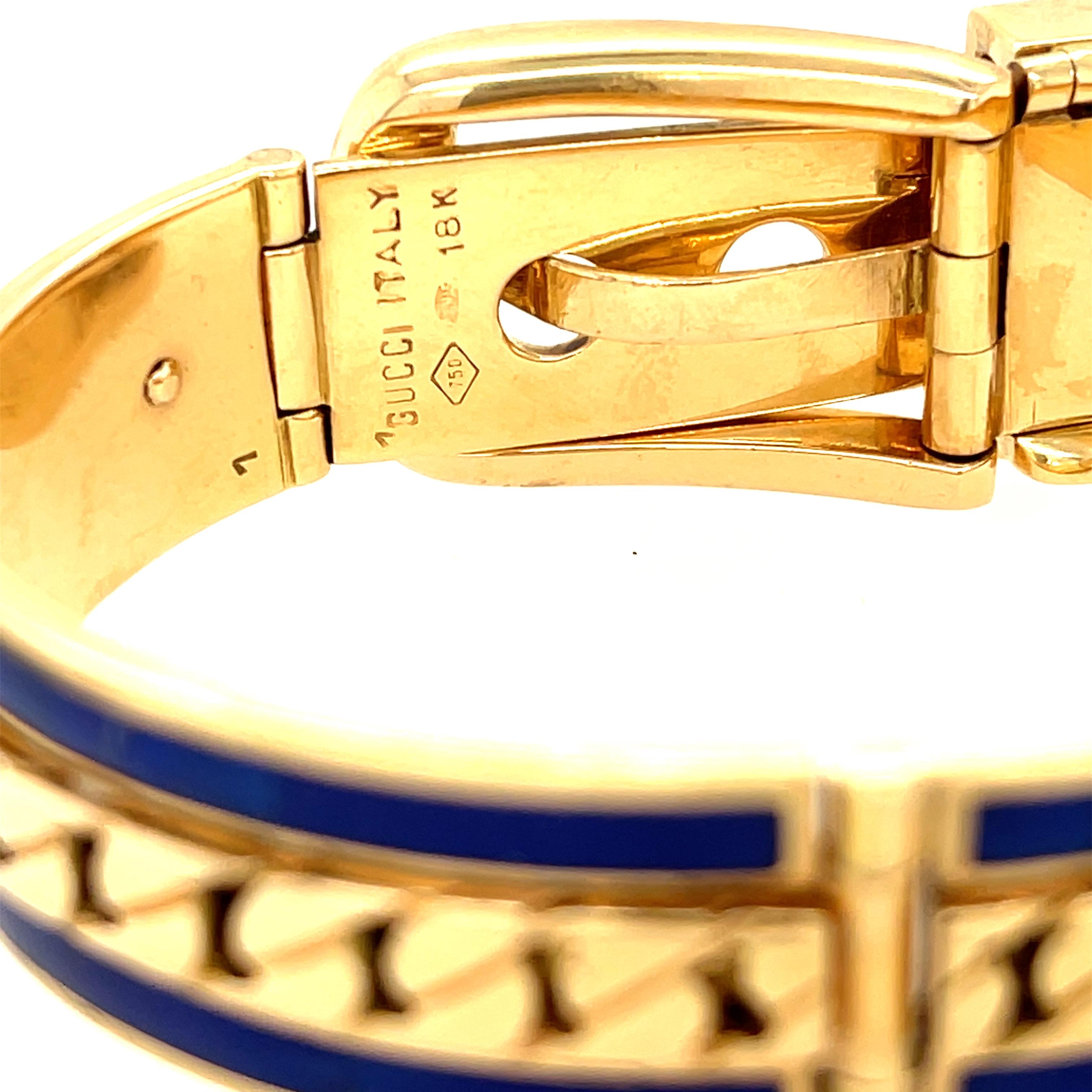 Vintage Gucci 18 Karat Yellow Gold Blue Enamel Buckle Bracelet In Good Condition In New York, NY