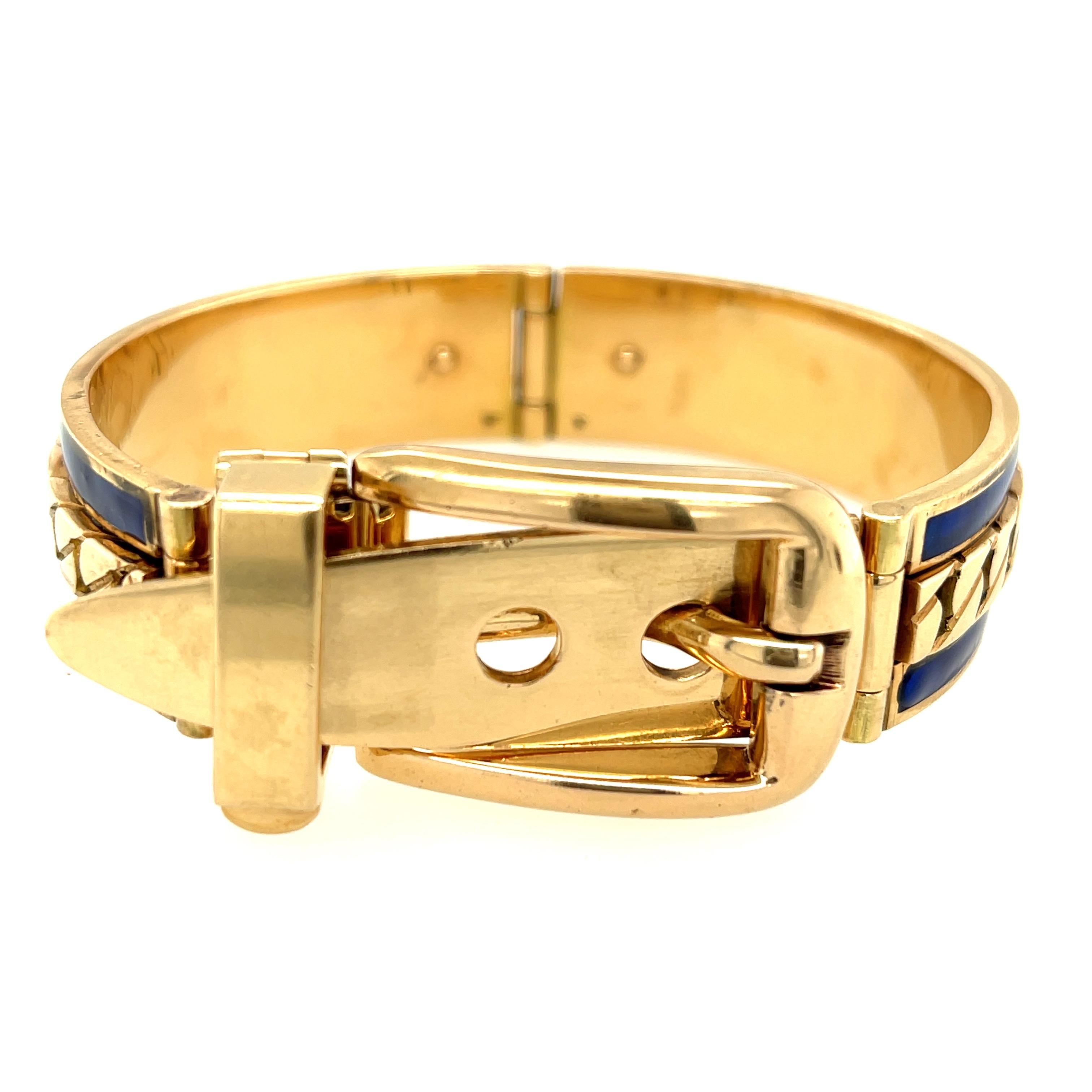 Women's or Men's Vintage Gucci 18 Karat Yellow Gold Blue Enamel Buckle Bracelet