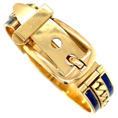 Vintage Gucci 18 Karat Yellow Gold Blue Enamel Buckle Bracelet