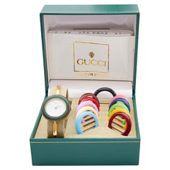 Retro Gucci 18k Gold Plated Interchangeable Bezel Bangle Wristwatch