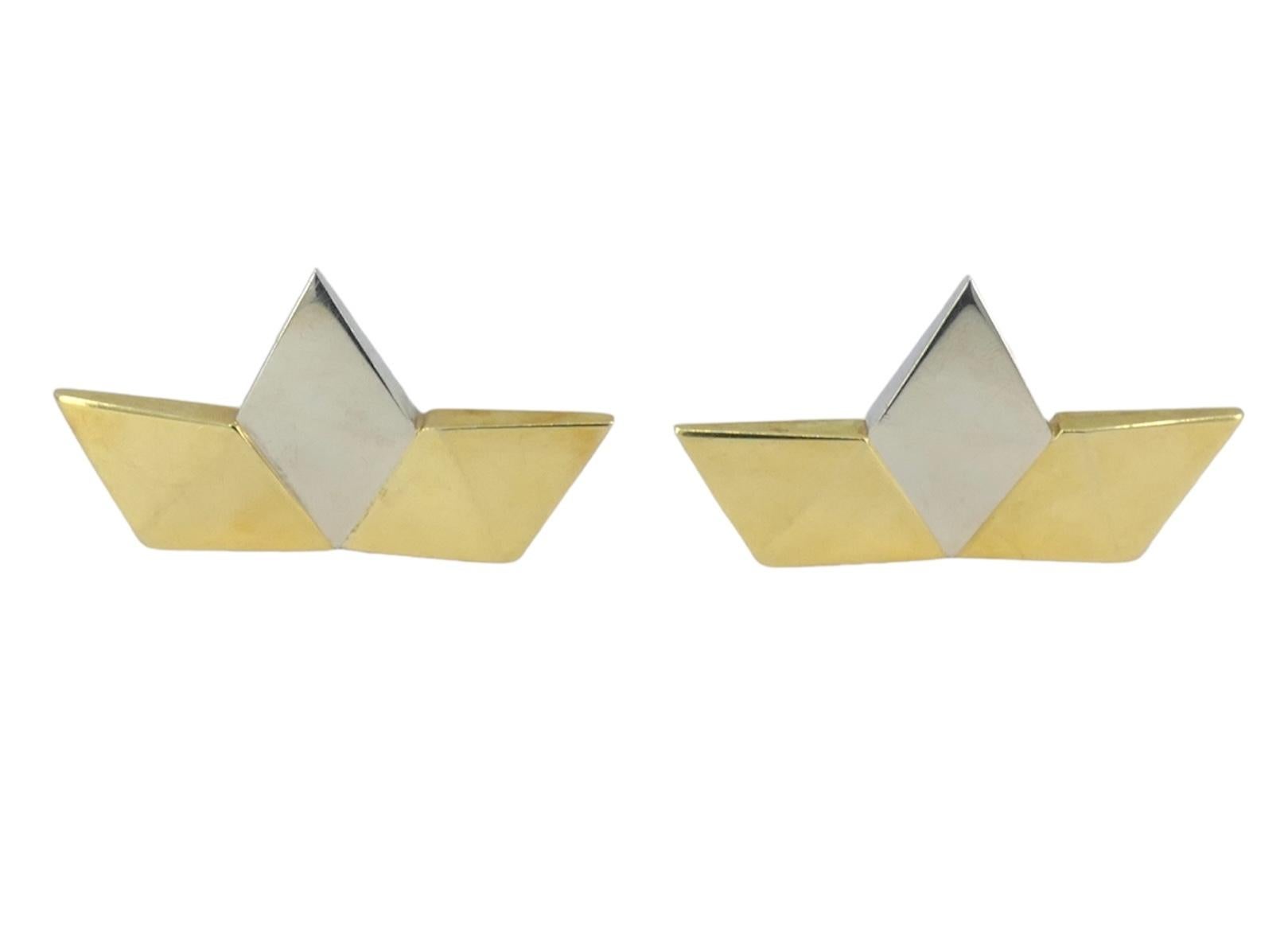 Vintage Gucci 18k White and Yellow Gold Geometric Crown Omega Back Statement Earrings. These earrings are from the 1970s and they weigh 20 grams. 1 5/8