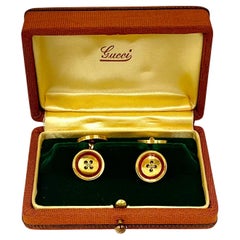 Vintage Gucci 18K Yellow Gold Ochre Enamel Heavy, Substantial Button Cufflinks