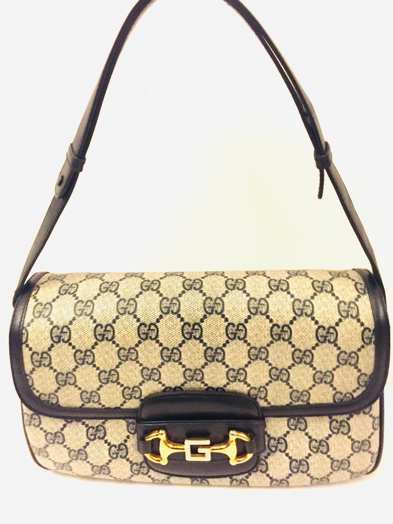 Vintage Gucci 1955 Horsebit navy Guccissima print coated canvas shoulder bag