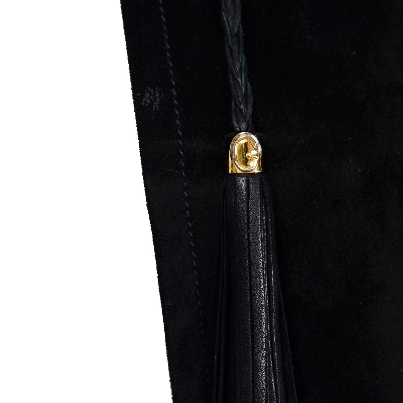 Vintage Gucci 1970s Black Suede Pants & Jacket Suit w Tassels & Monogram Lining 3
