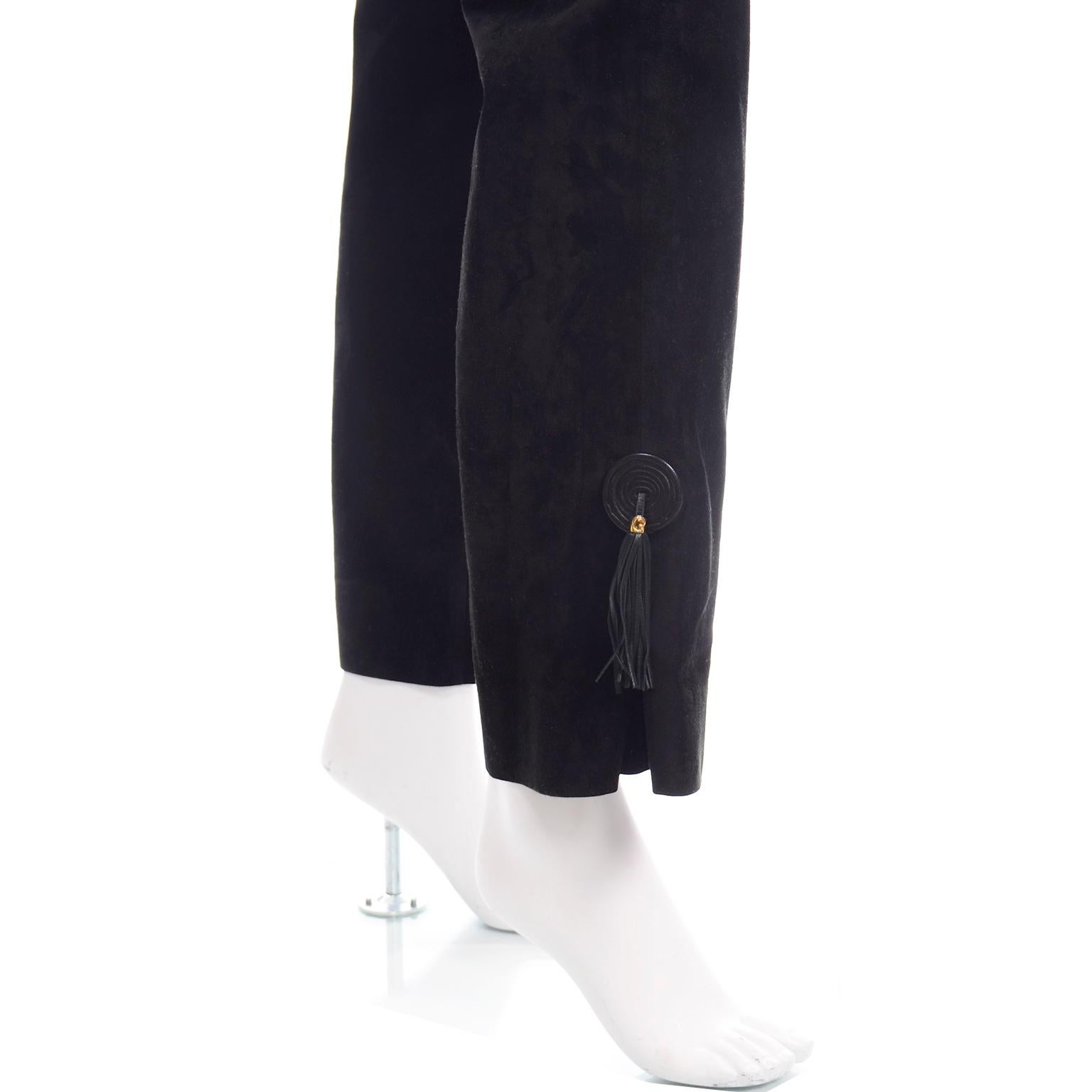 Vintage Gucci 1970s Black Suede Pants & Jacket Suit w Tassels & Monogram Lining 5