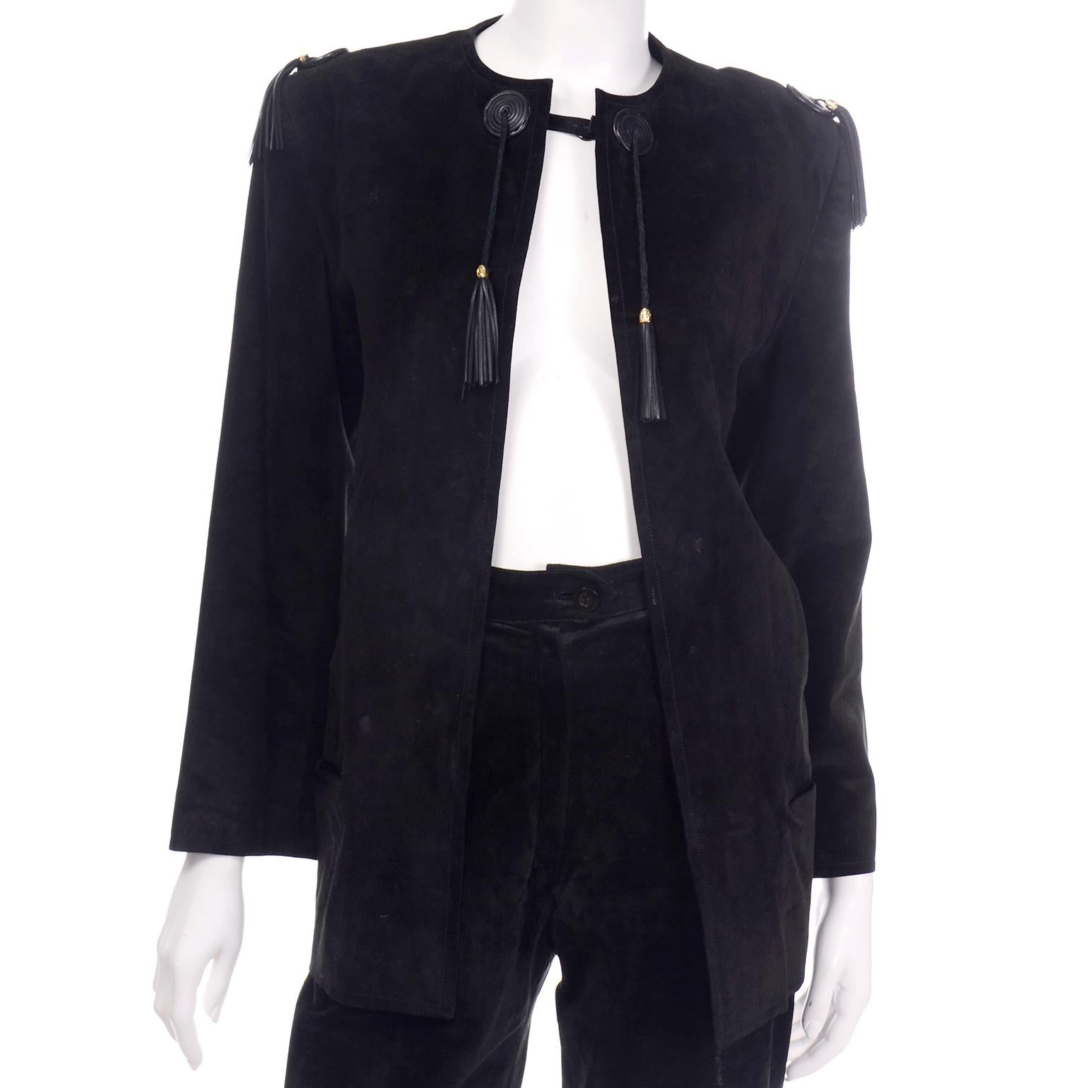 Vintage Gucci 1970s Black Suede Pants & Jacket Suit w Tassels & Monogram Lining In Excellent Condition In Portland, OR