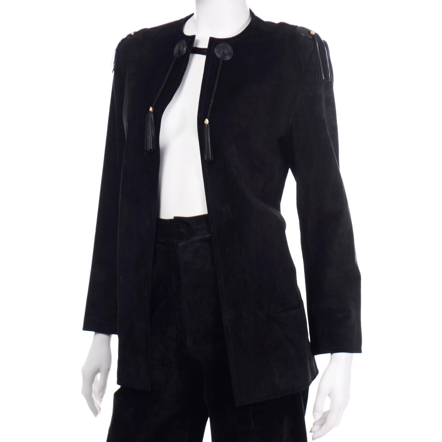 Women's Vintage Gucci 1970s Black Suede Pants & Jacket Suit w Tassels & Monogram Lining
