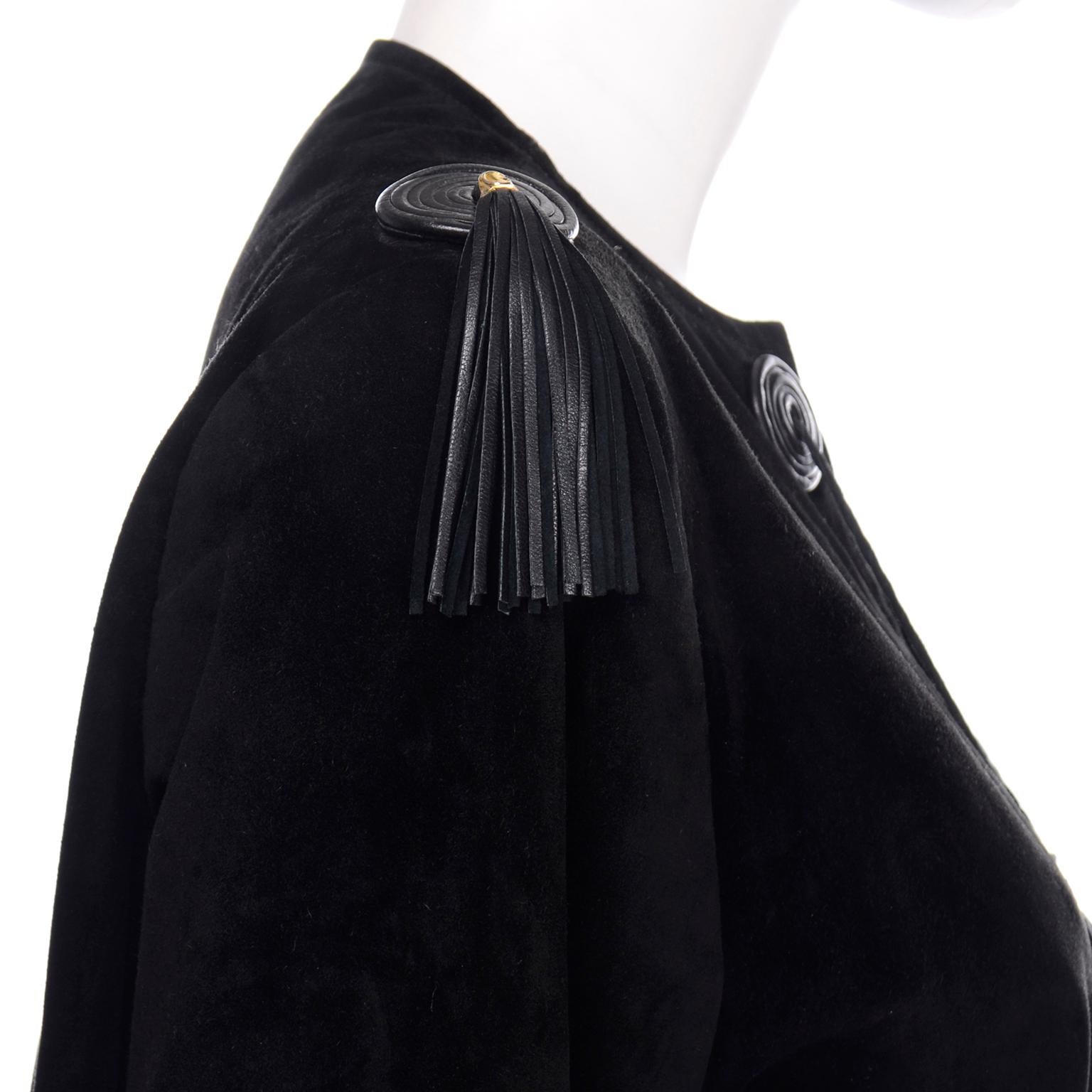 Vintage Gucci 1970s Black Suede Pants & Jacket Suit w Tassels & Monogram Lining 1