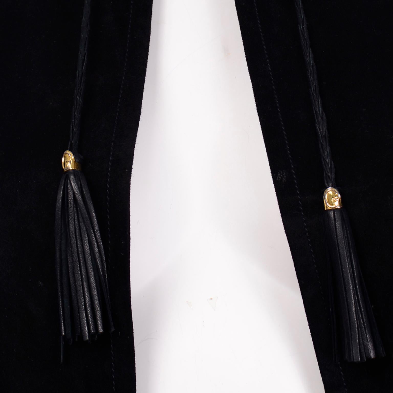 Vintage Gucci 1970s Black Suede Pants & Jacket Suit w Tassels & Monogram Lining 2
