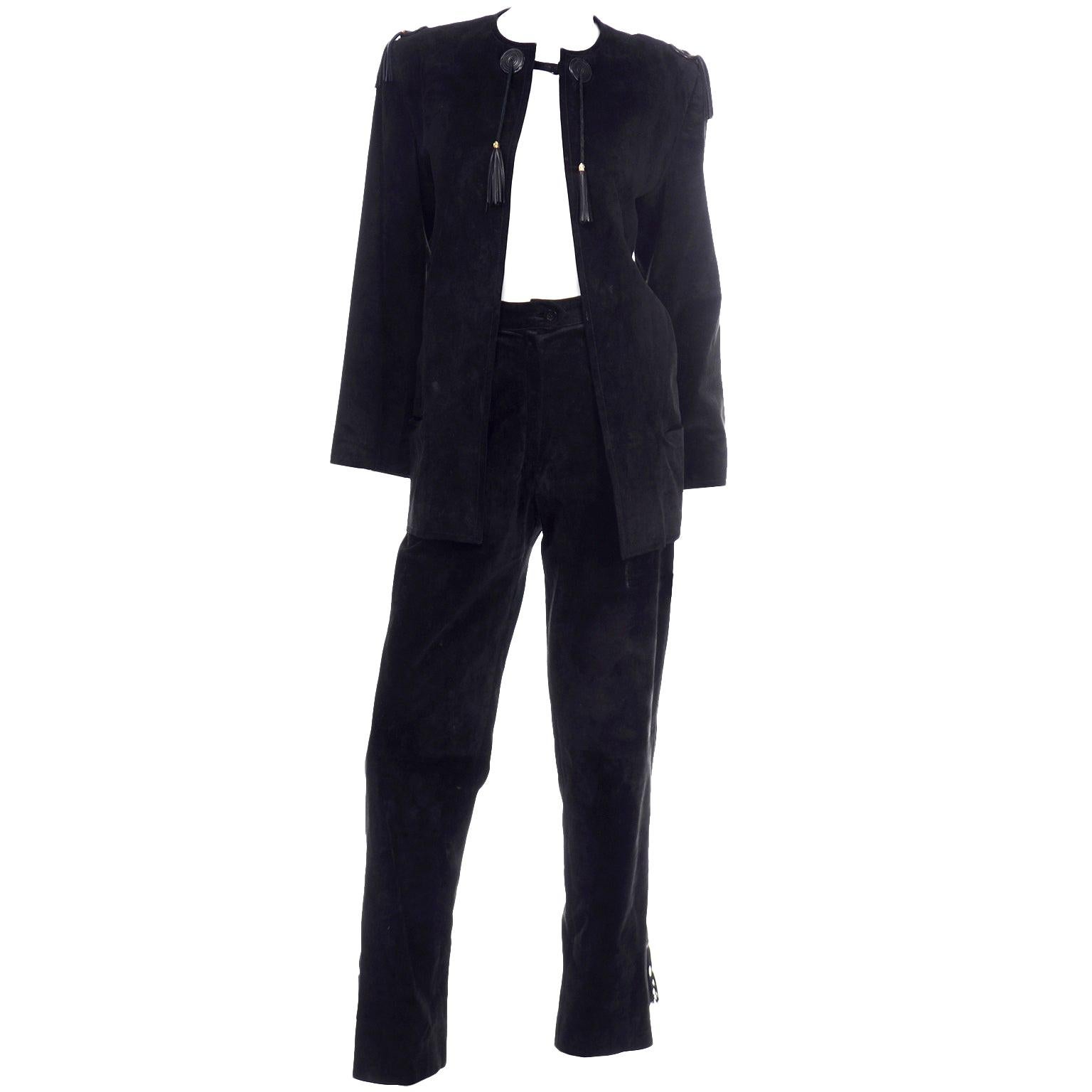 Vintage Gucci 1970s Black Suede Pants & Jacket Suit w Tassels & Monogram Lining
