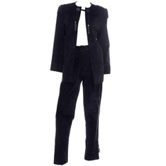 Retro Gucci 1970s Black Suede Pants & Jacket Suit w Tassels & Monogram Lining