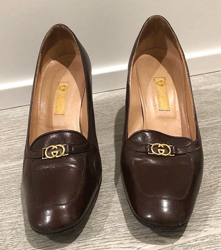 Vintage Gucci 1970s Sz 7.5 Chocolate Brown High Heel 70s Loafers Shoes