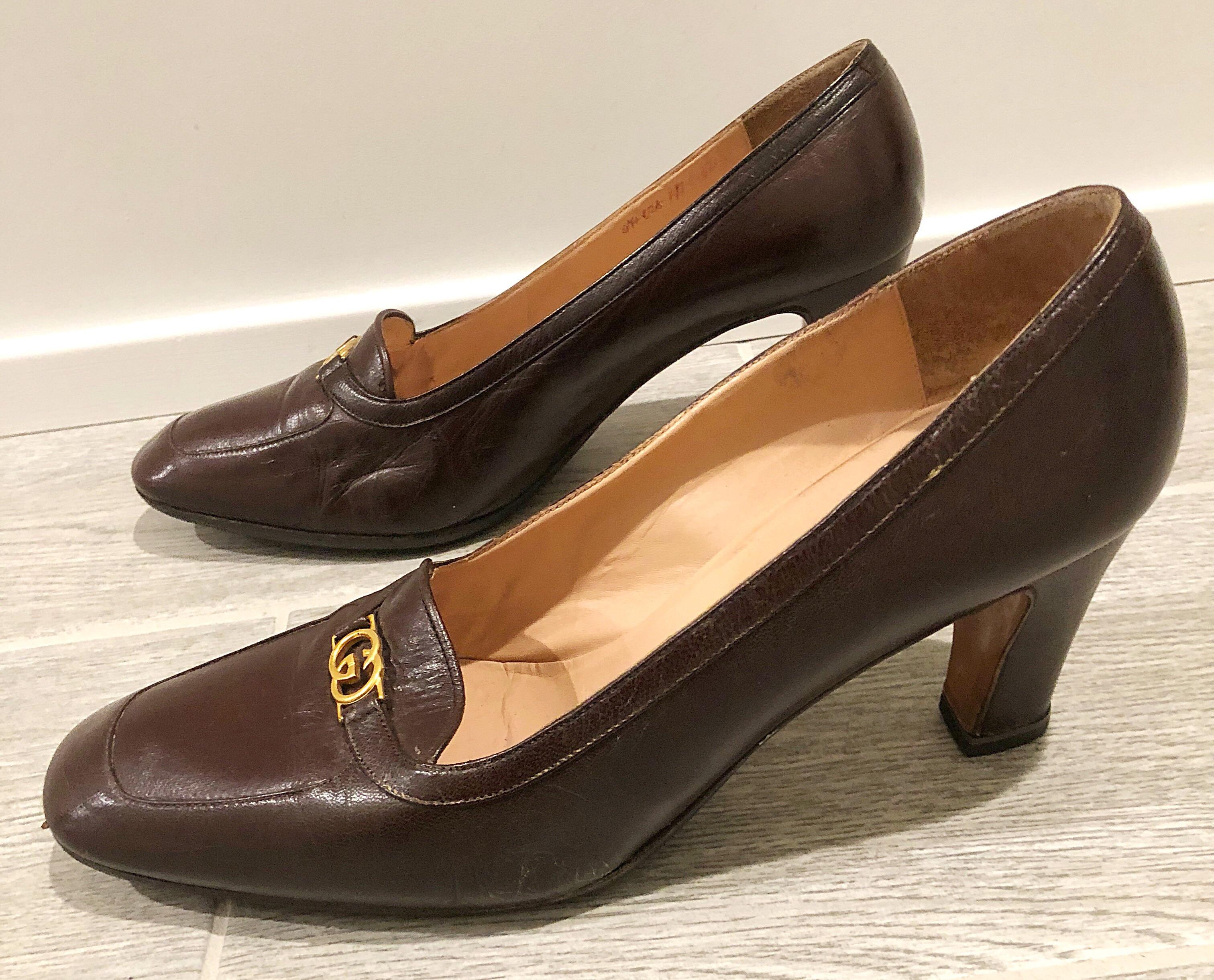 Black Vintage Gucci 1970s Sz 7.5 Chocolate Brown High Heel 70s Loafers Logo Shoes