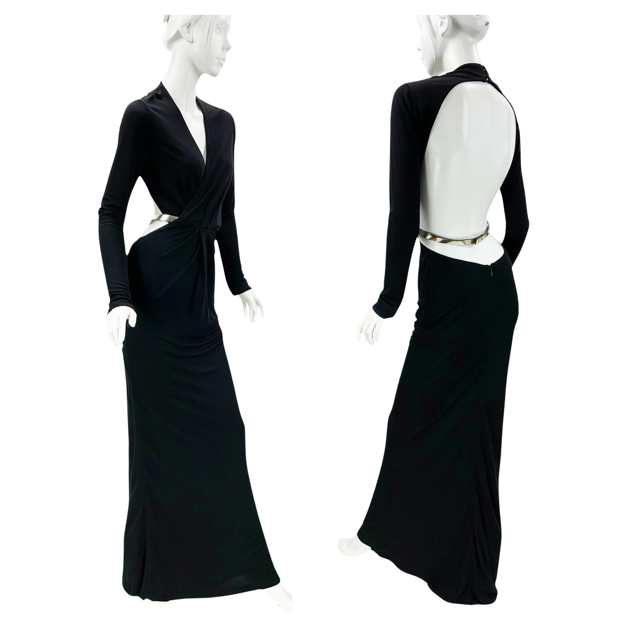 Vintage Gucci 2010 Black Cut Out Open Back Belted Jersey Dress Gown It 40