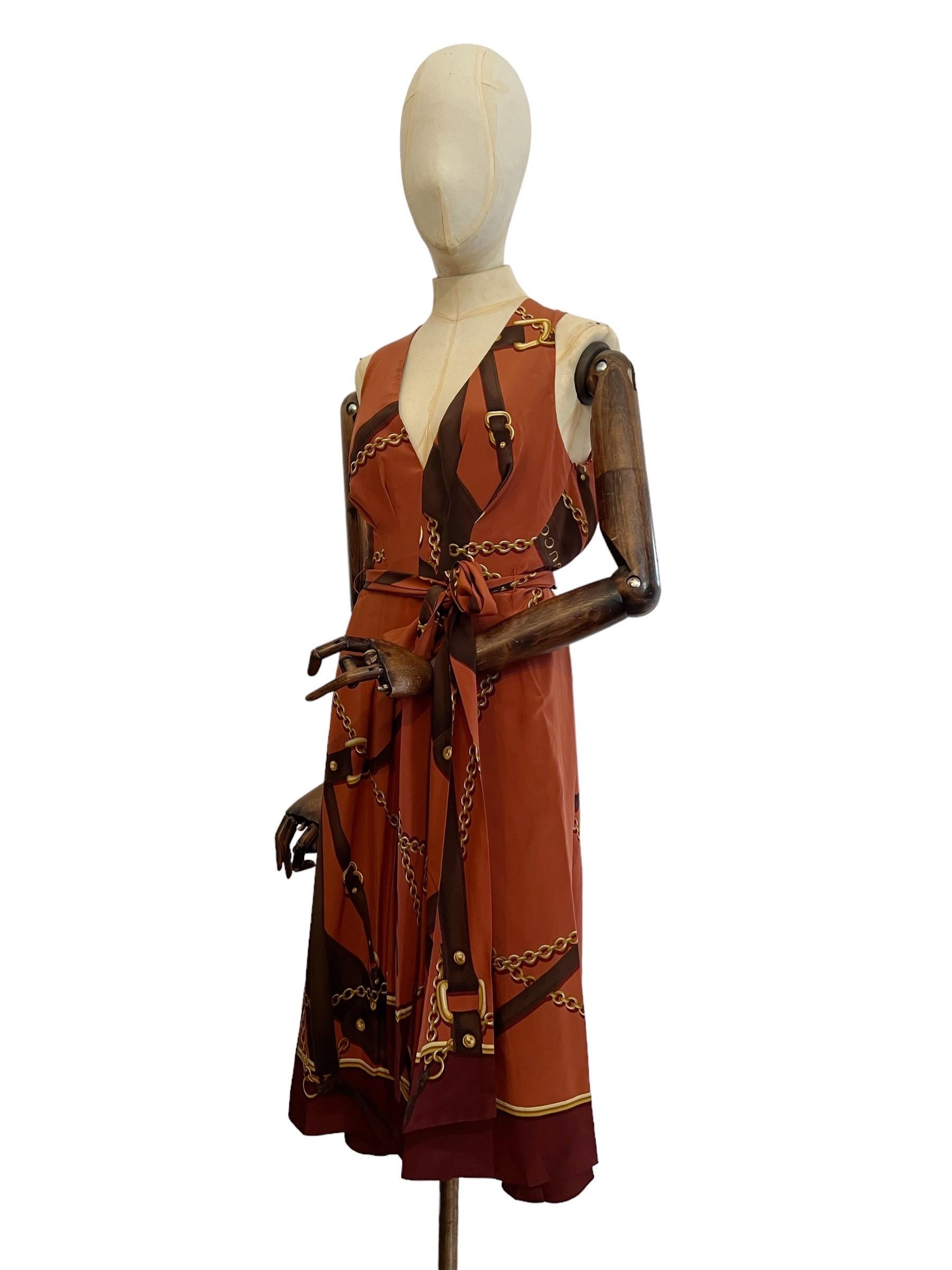 Vintage GUCCI 2011 Pure Silk Copper & Gold Chain Print Kaftan Shift Dress For Sale 5